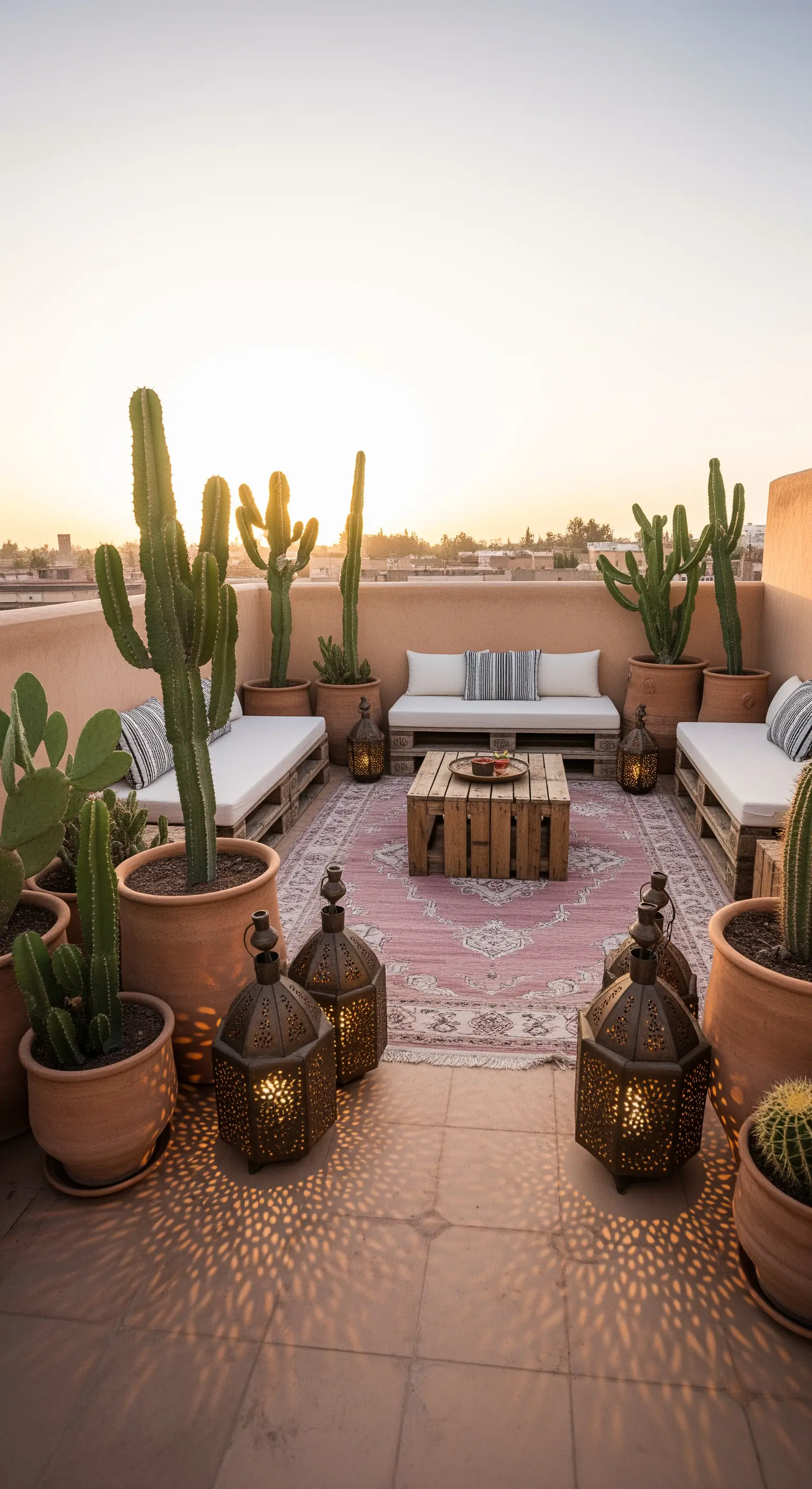 Terrazza al tramonto con divani pallet, tappeto kilim rosa e grandi cactus in vaso.