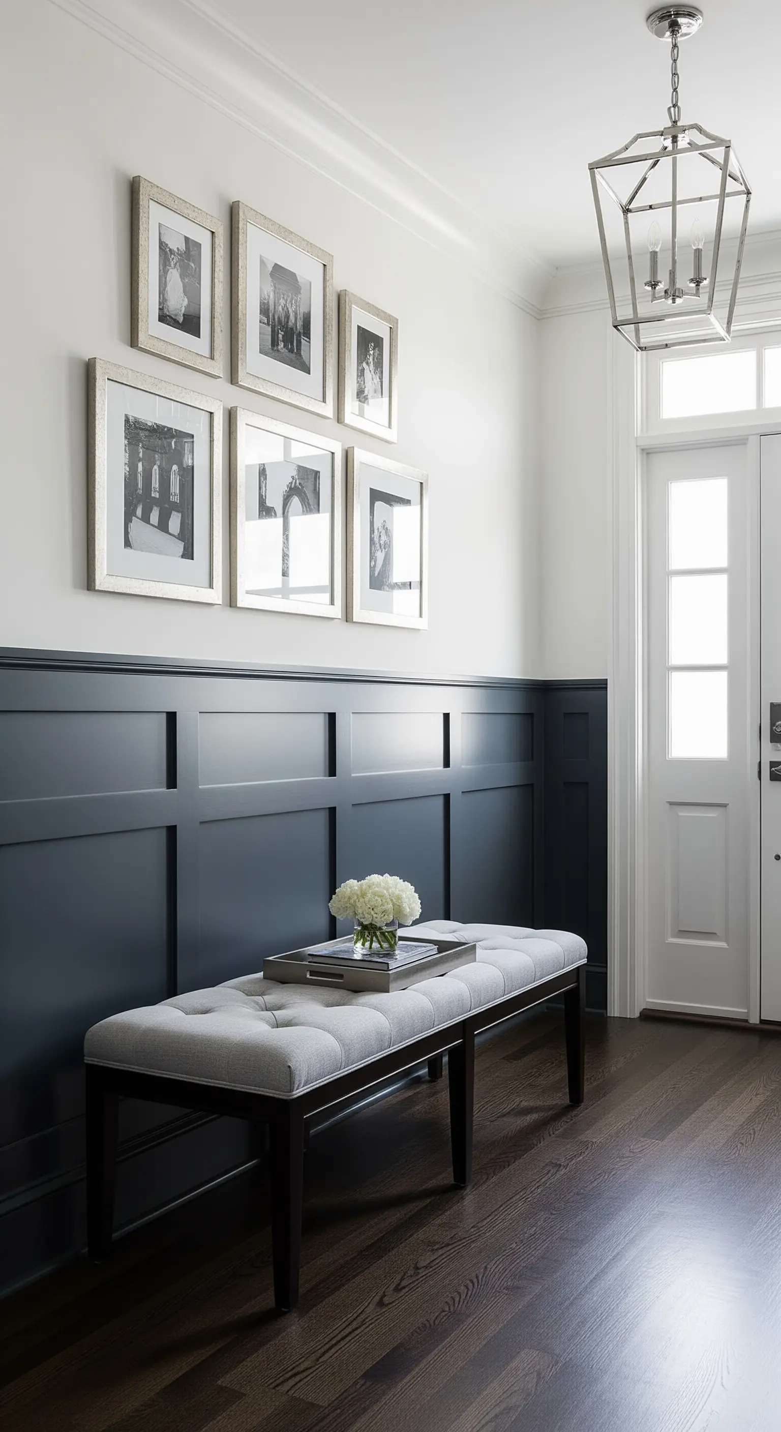 Ingresso con boiserie blu scuro, pareti bianche e panca grigia imbottita.