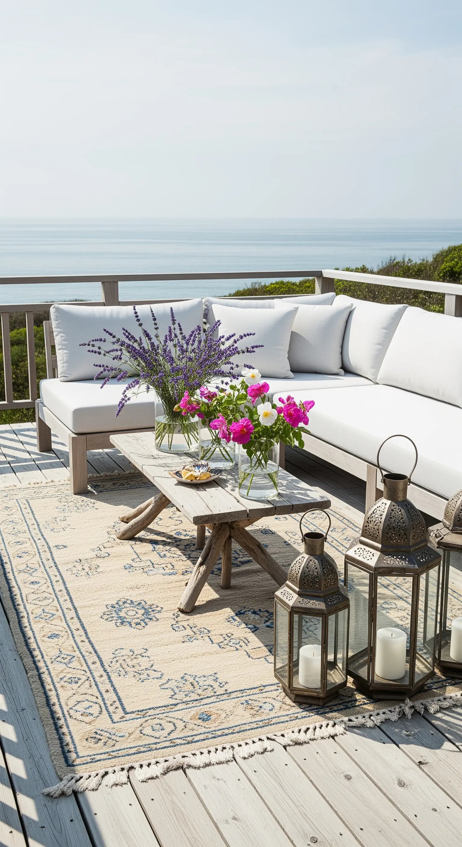 Terrazza vista mare con divano bianco, tappeto kilim chiaro e lanterne in metallo.