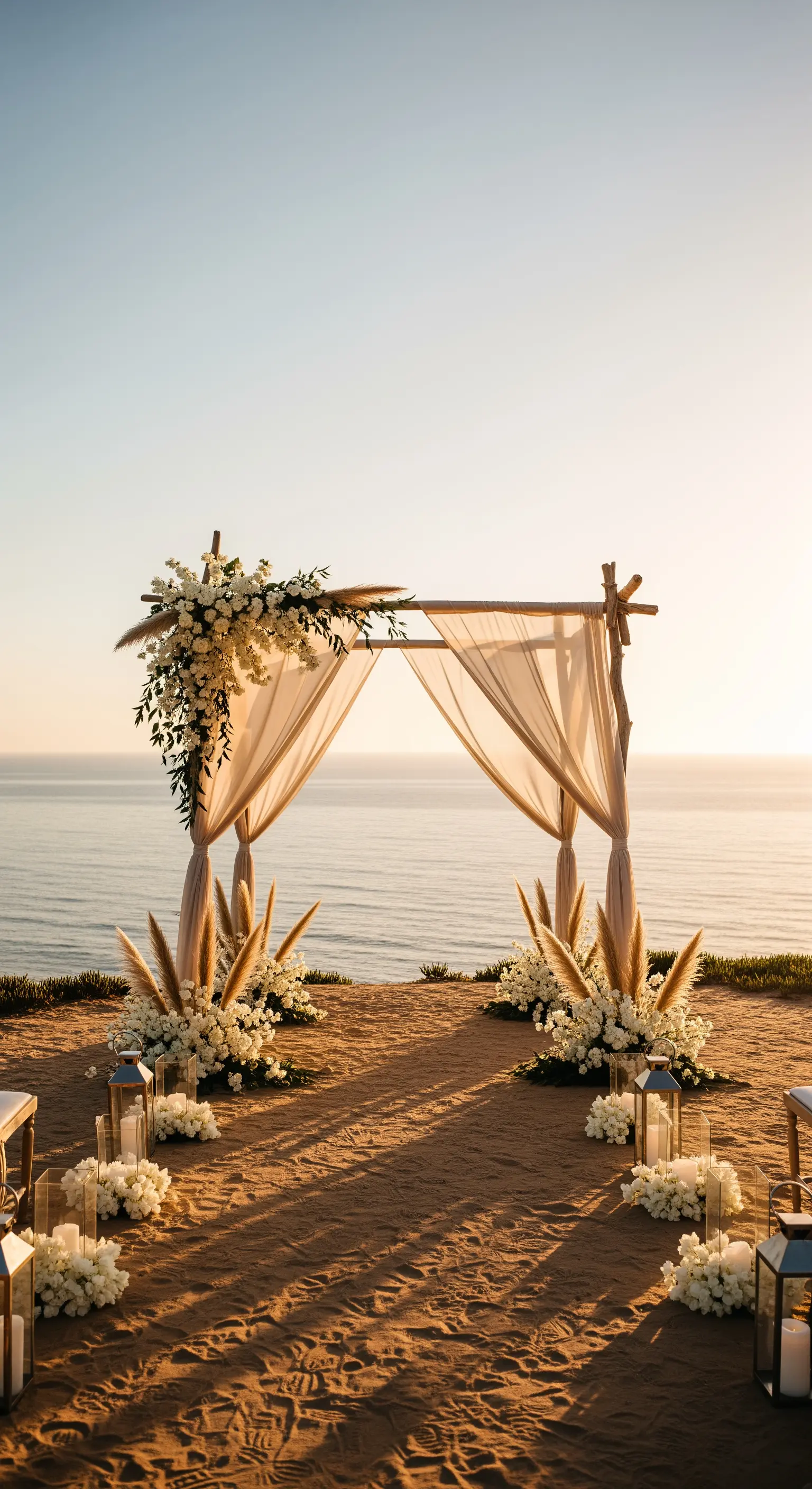 Arco nuziale in legno sulla spiaggia con drappi leggeri, pampas e fiori bianchi al tramonto.