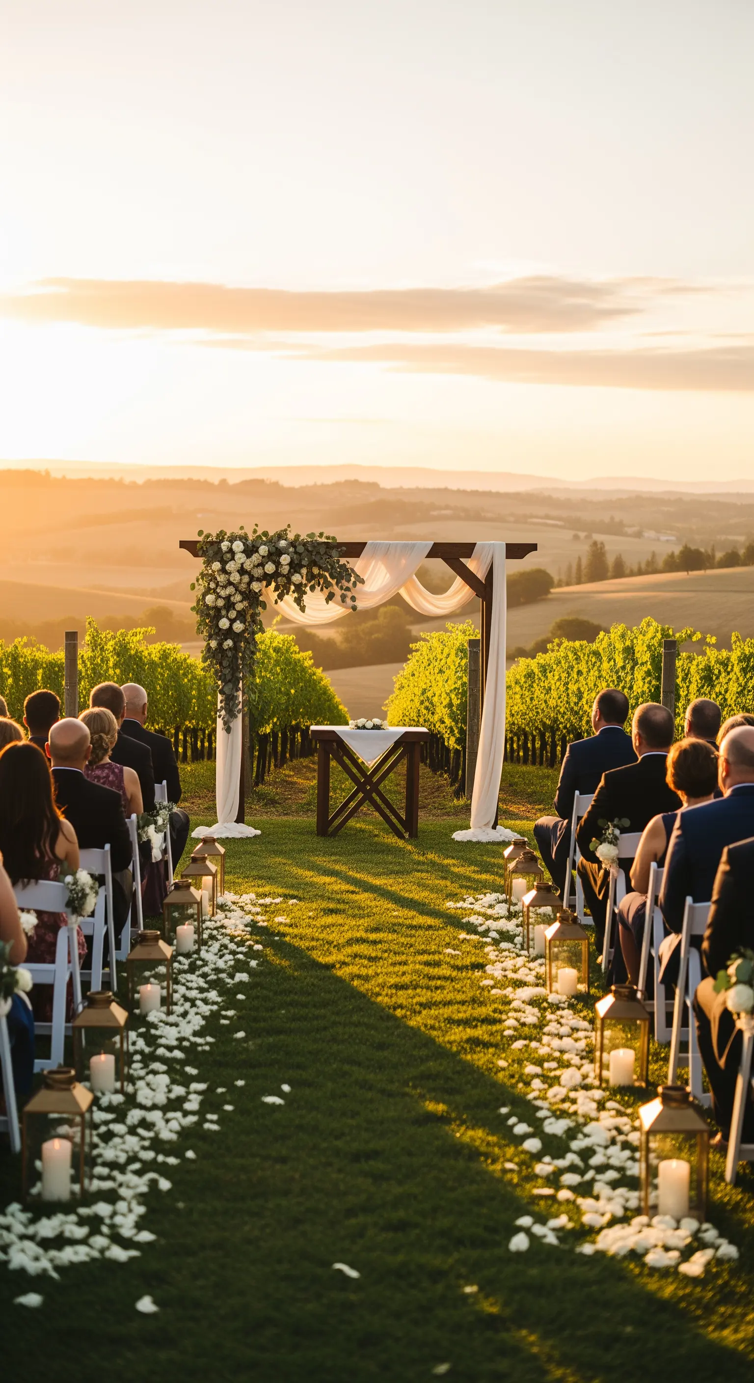 Arco nuziale in legno e lanterne che definiscono la navata in un vigneto al tramonto.
