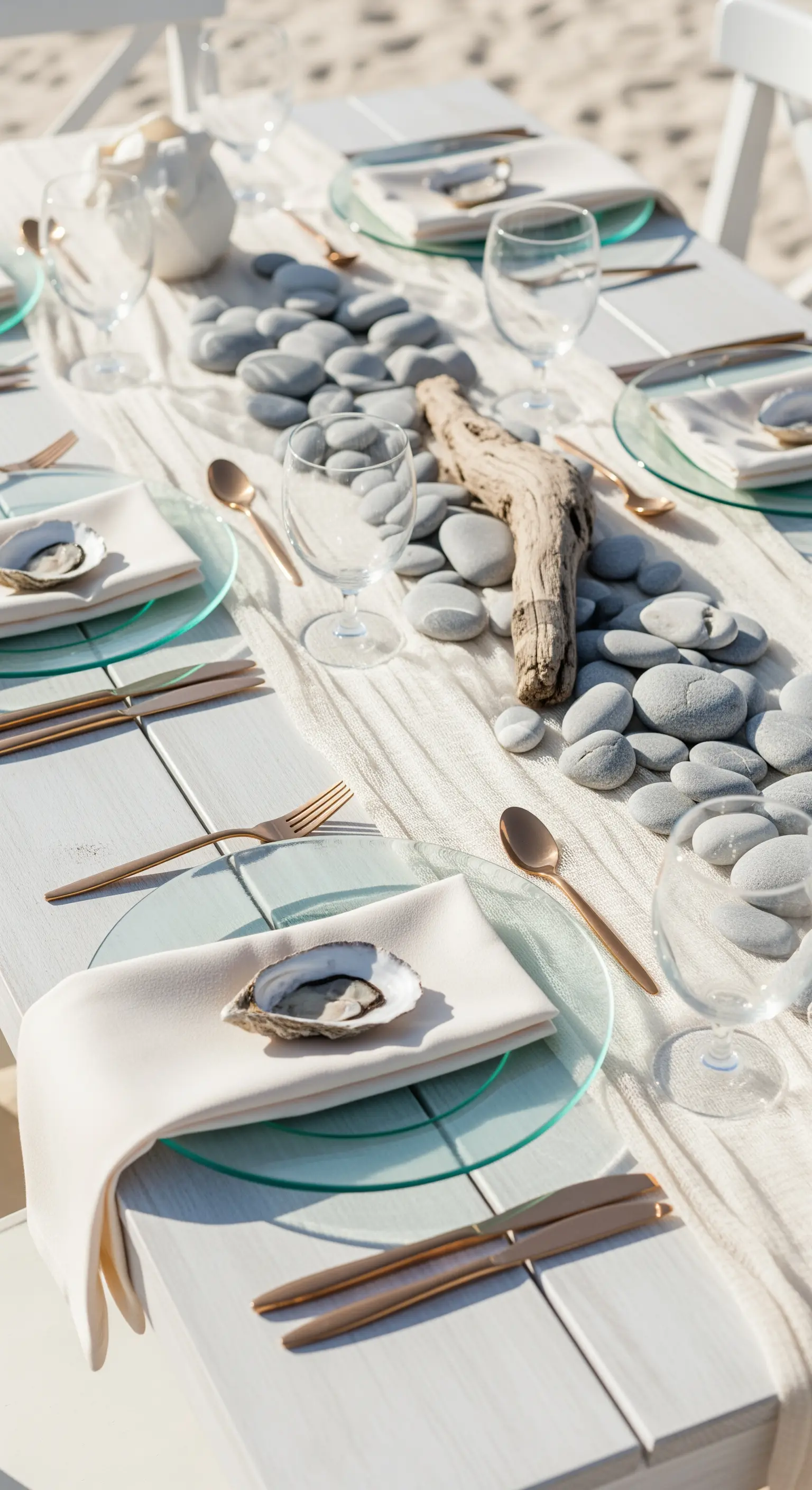 Tavola da matrimonio in spiaggia con runner di sassi, piatti in vetro e posate color rame.