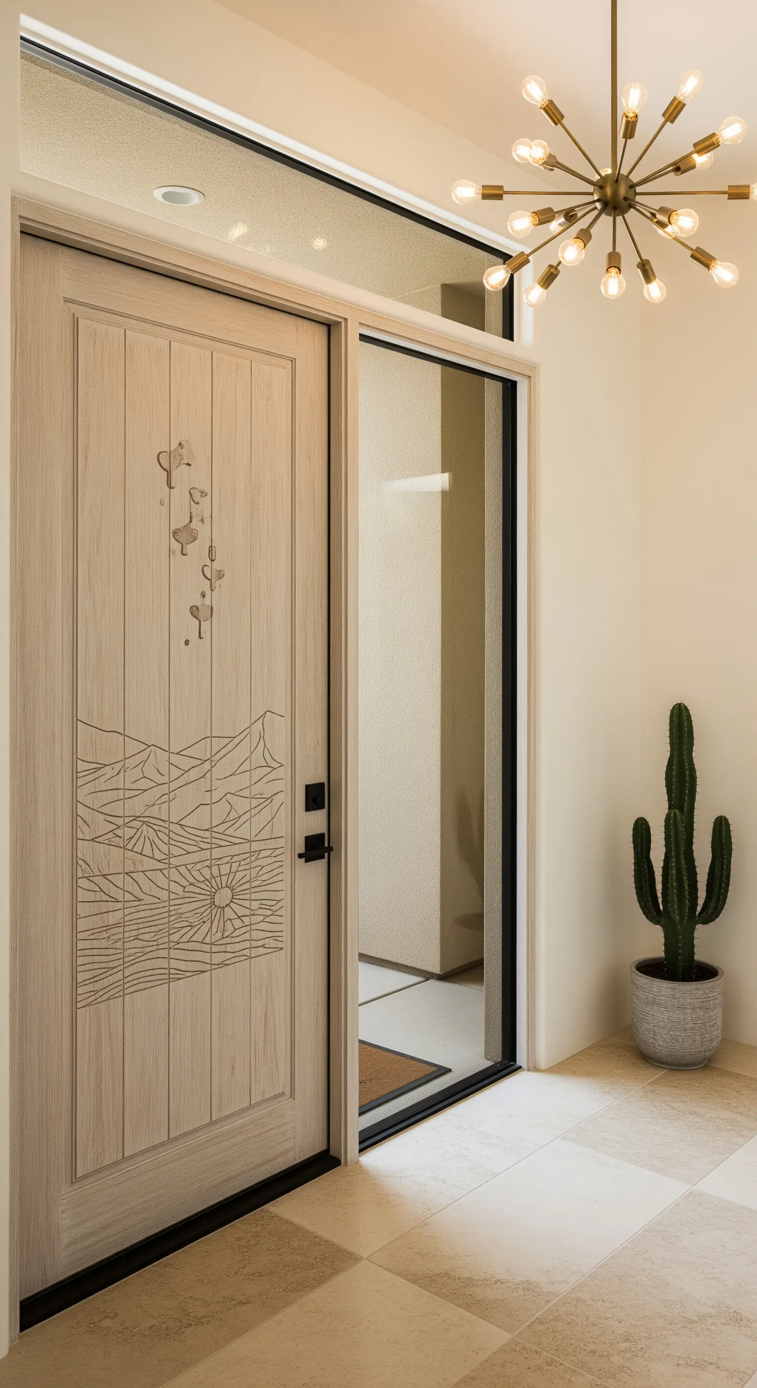 Ingresso in stile desert modern con porta in legno chiaro con incisioni di un paesaggio e un cactus.