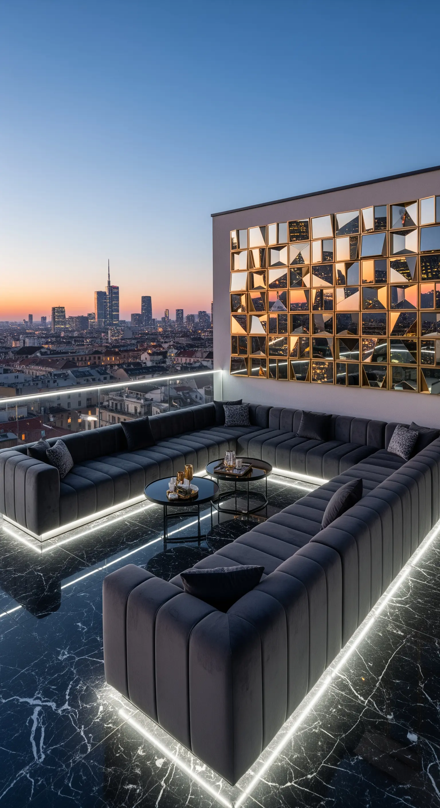 Terrazza panoramica con divano a U, luci LED integrate e parete di specchi frammentati.