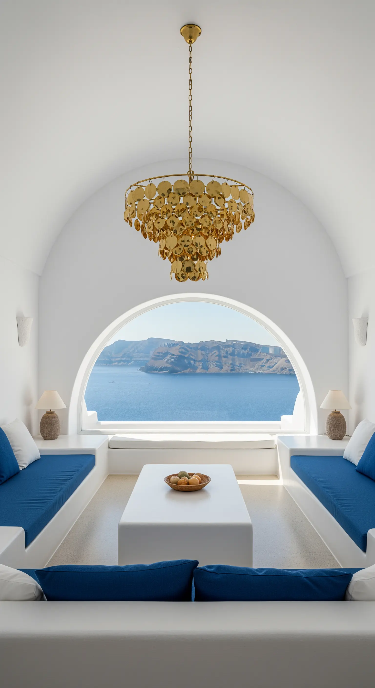 Interno di una villa a Santorini, total white e blu, con un lampadario dorato a dischi.