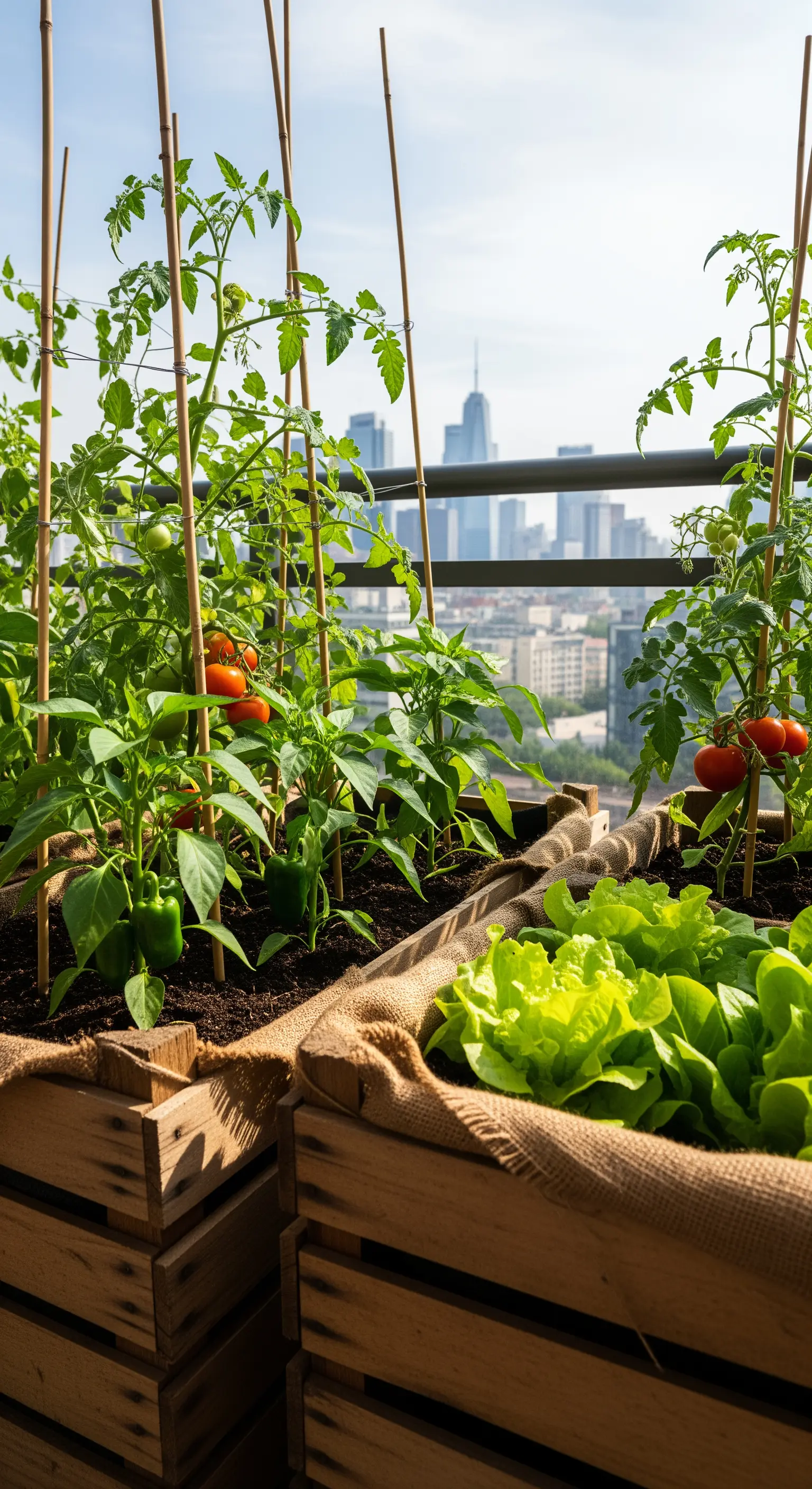 Cassette di legno su un balcone usate per coltivare pomodori, peperoni e insalata in città.