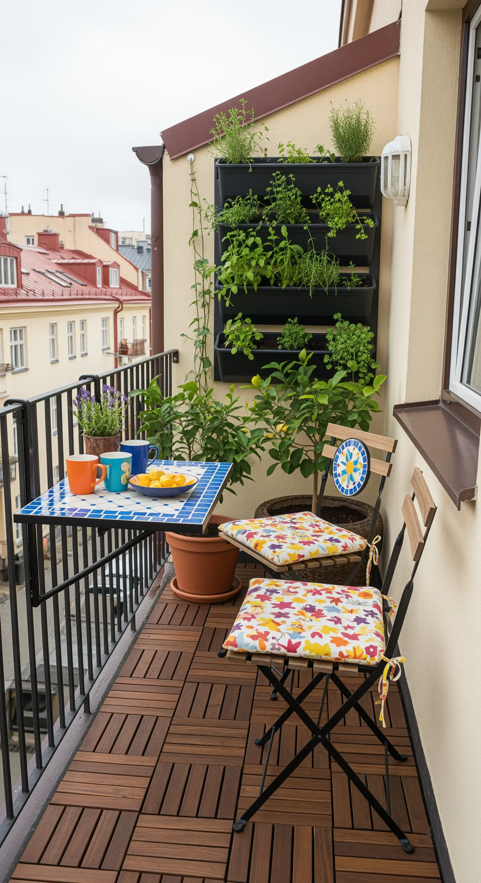 Balcone piccolo con tavolo a mosaico da ringhiera e fioriera verticale per erbe.
