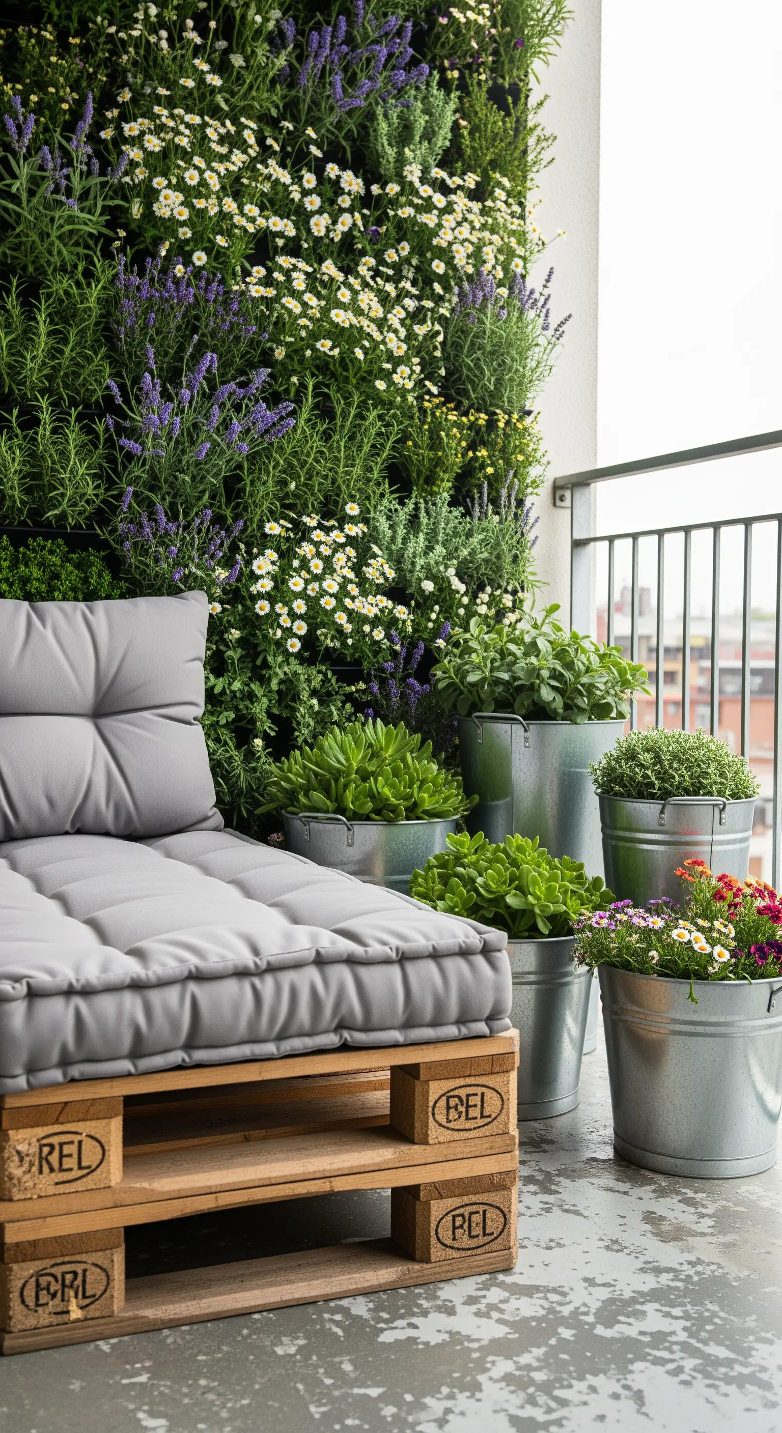 Balcone con chaise longue fatta di pallet, parete con erbe aromatiche e vasi di zinco.