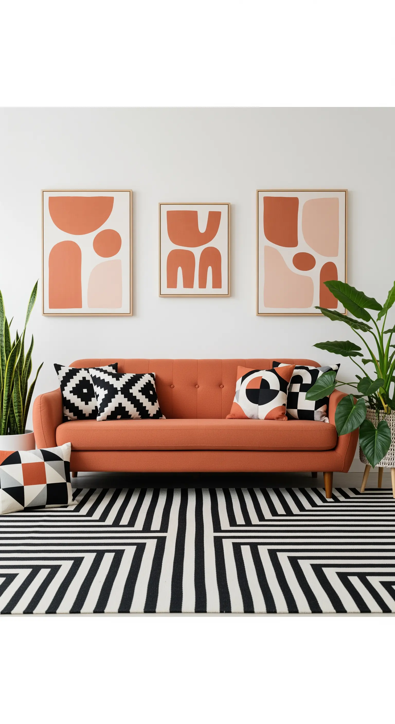 Divano terracotta abbinato a un tappeto e cuscini con motivi geometrici in bianco e nero