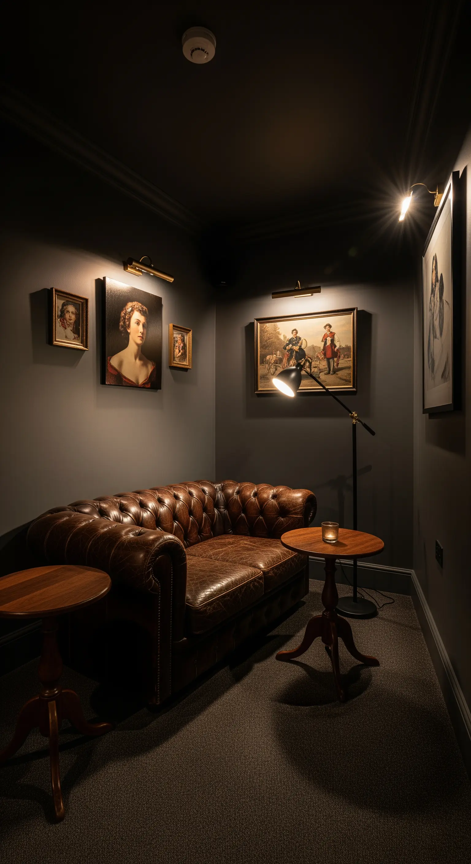 Piccolo salotto scuro e intimo con un divano Chesterfield in pelle e illuminazione d'accento sui quadri