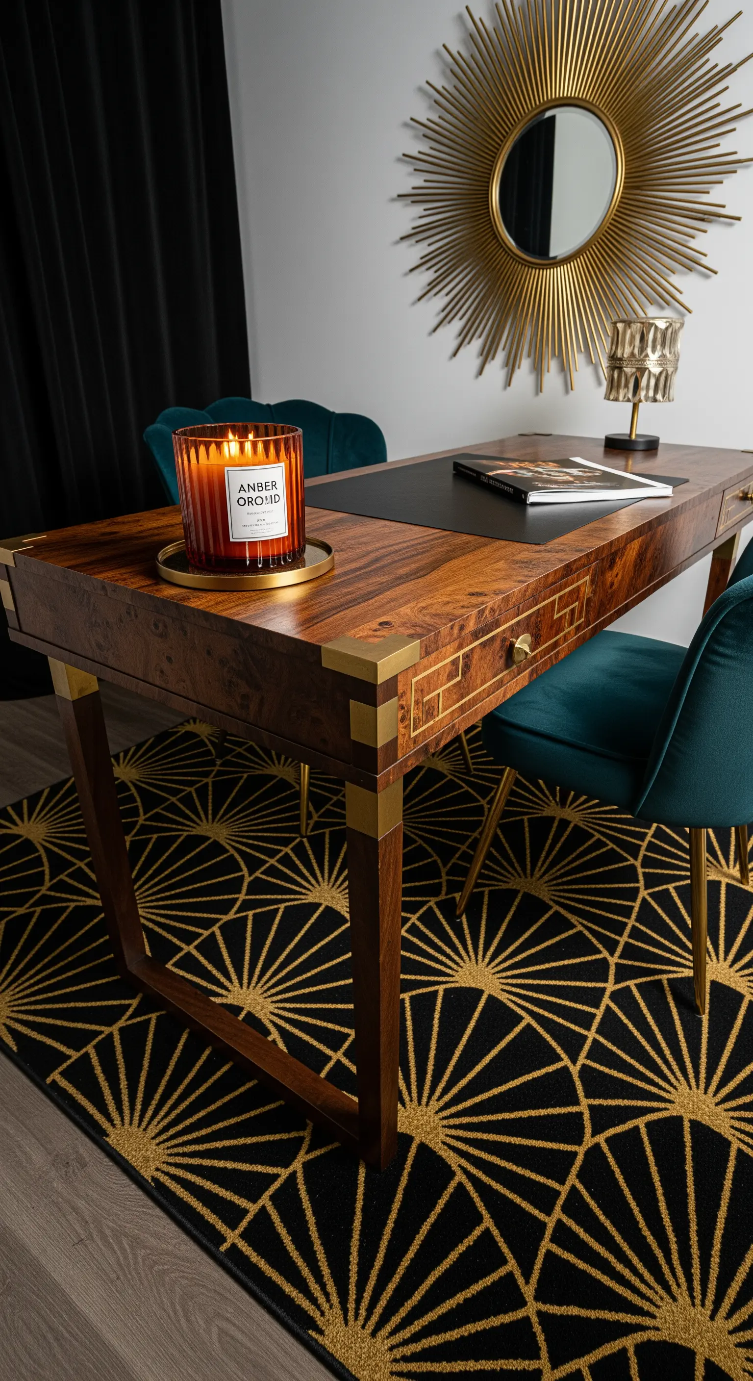 Scrivania in stile Art Déco con dettagli in ottone e un tappeto geometrico nero e oro.