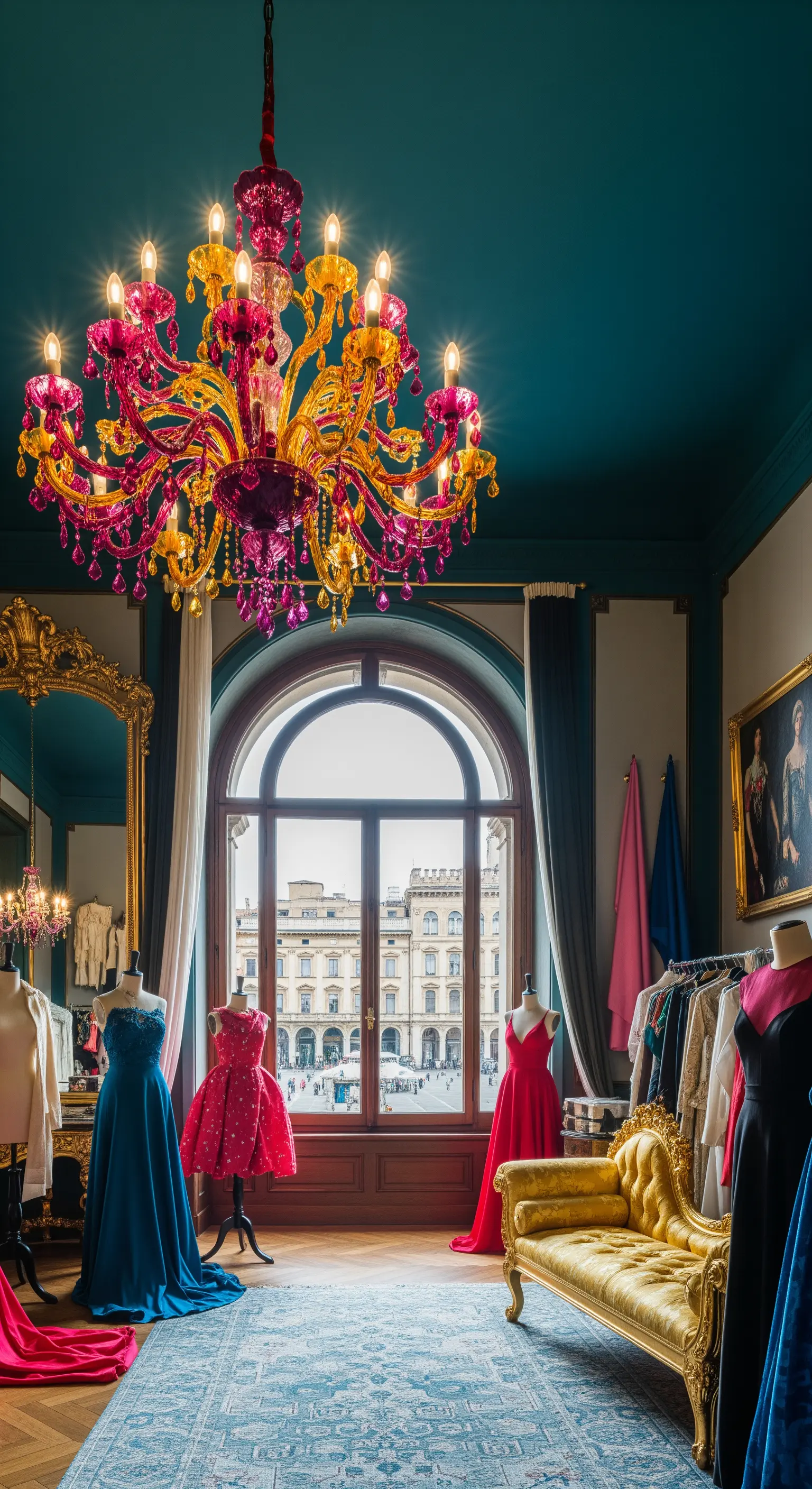 Atelier di moda con un grande e colorato lampadario in vetro di Murano fucsia e arancione.
