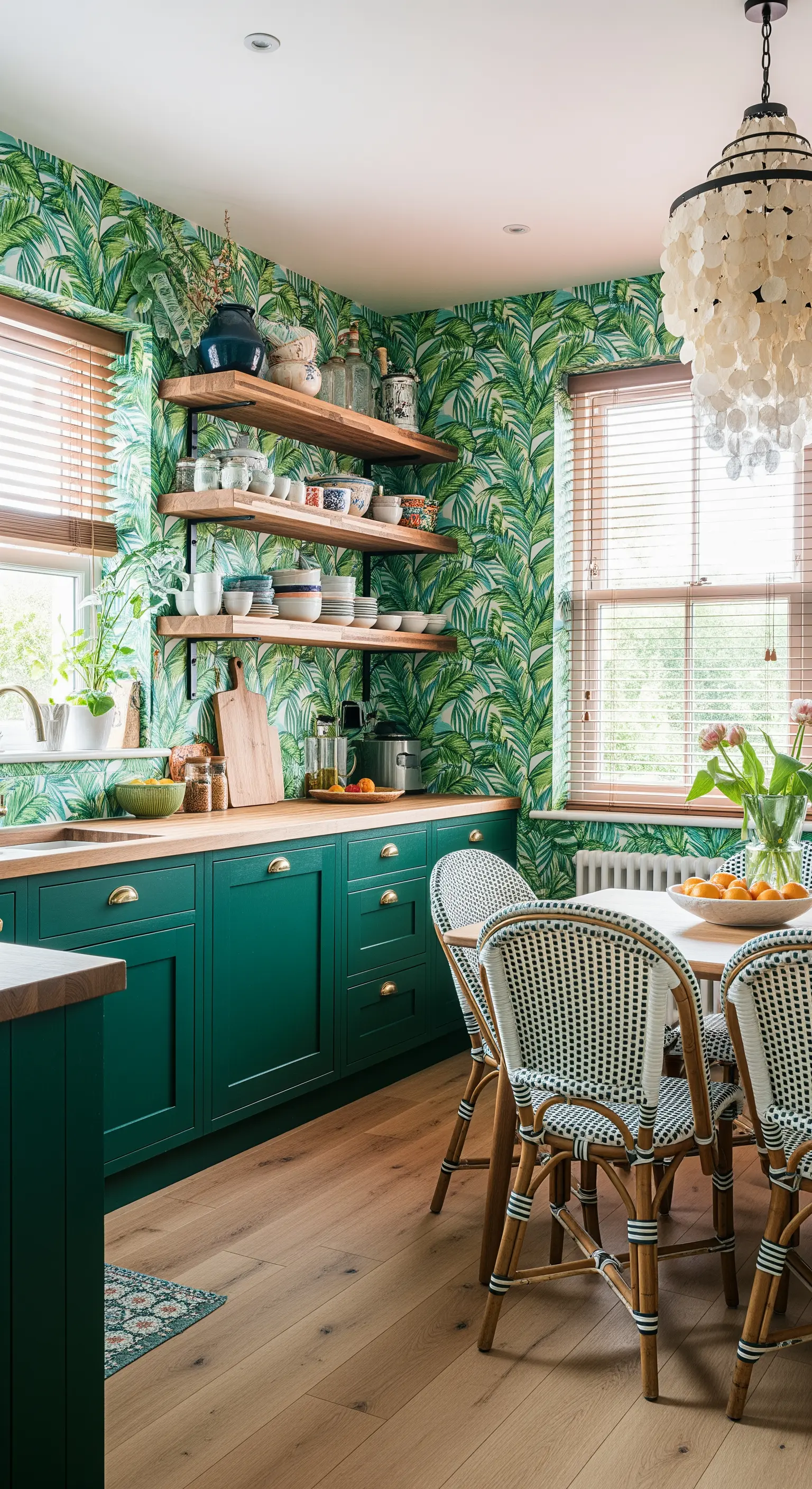 Cucina con carta da parati a foglie tropicali, mobili verde scuro e sedie in rattan.