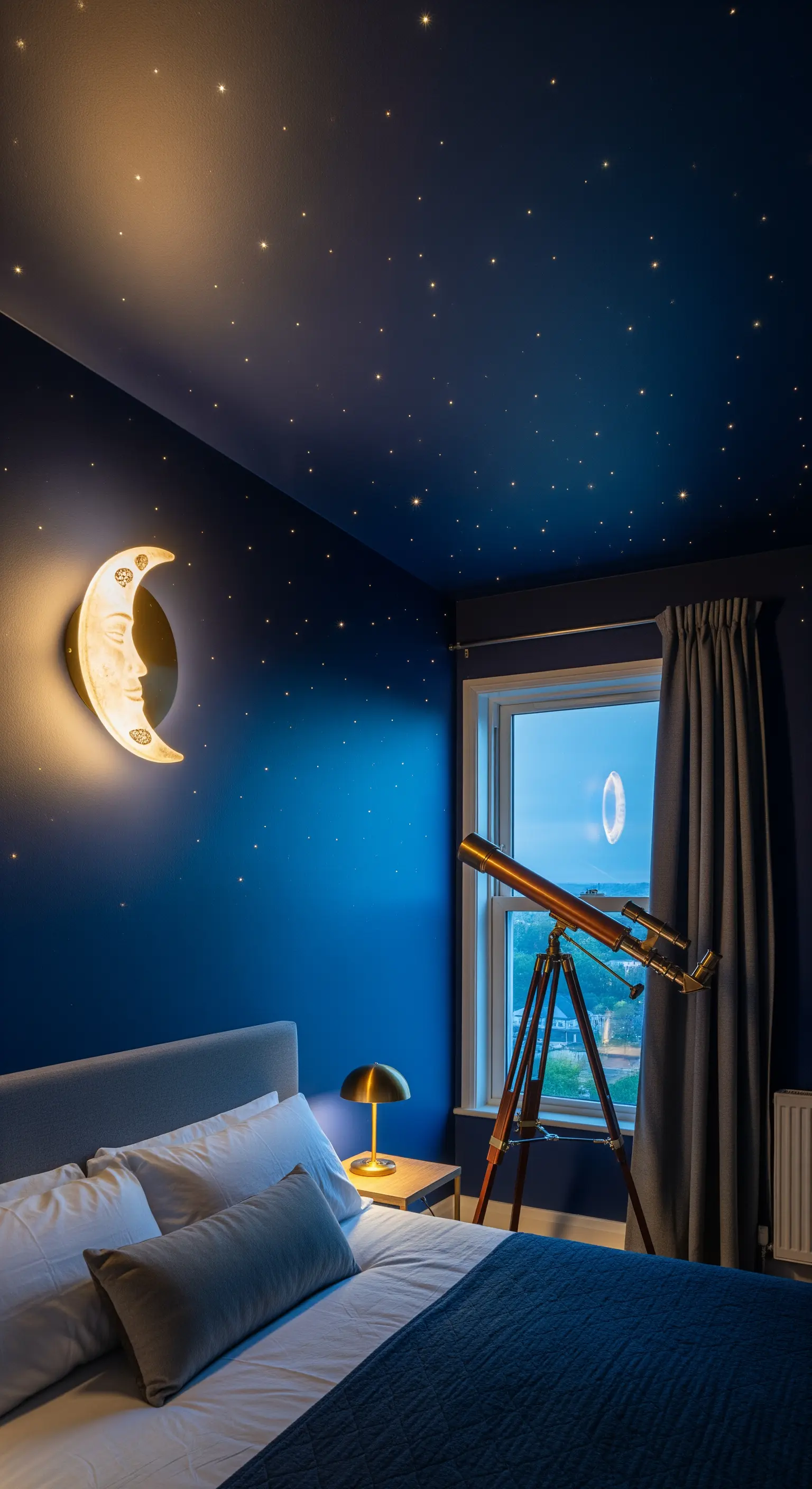 Lampada da parete a forma di luna in ottone e telescopio in una camera blu notte.