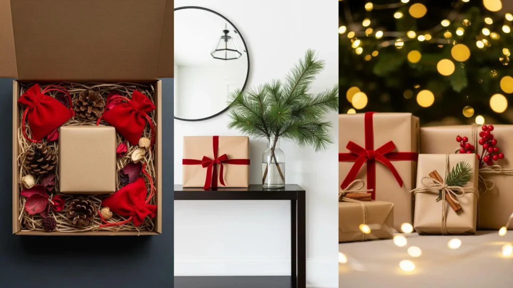 Regali naturali con carta kraft, pino e velluto rosso: scatole aperte, fiocchi e decorazioni festive sotto le luci.