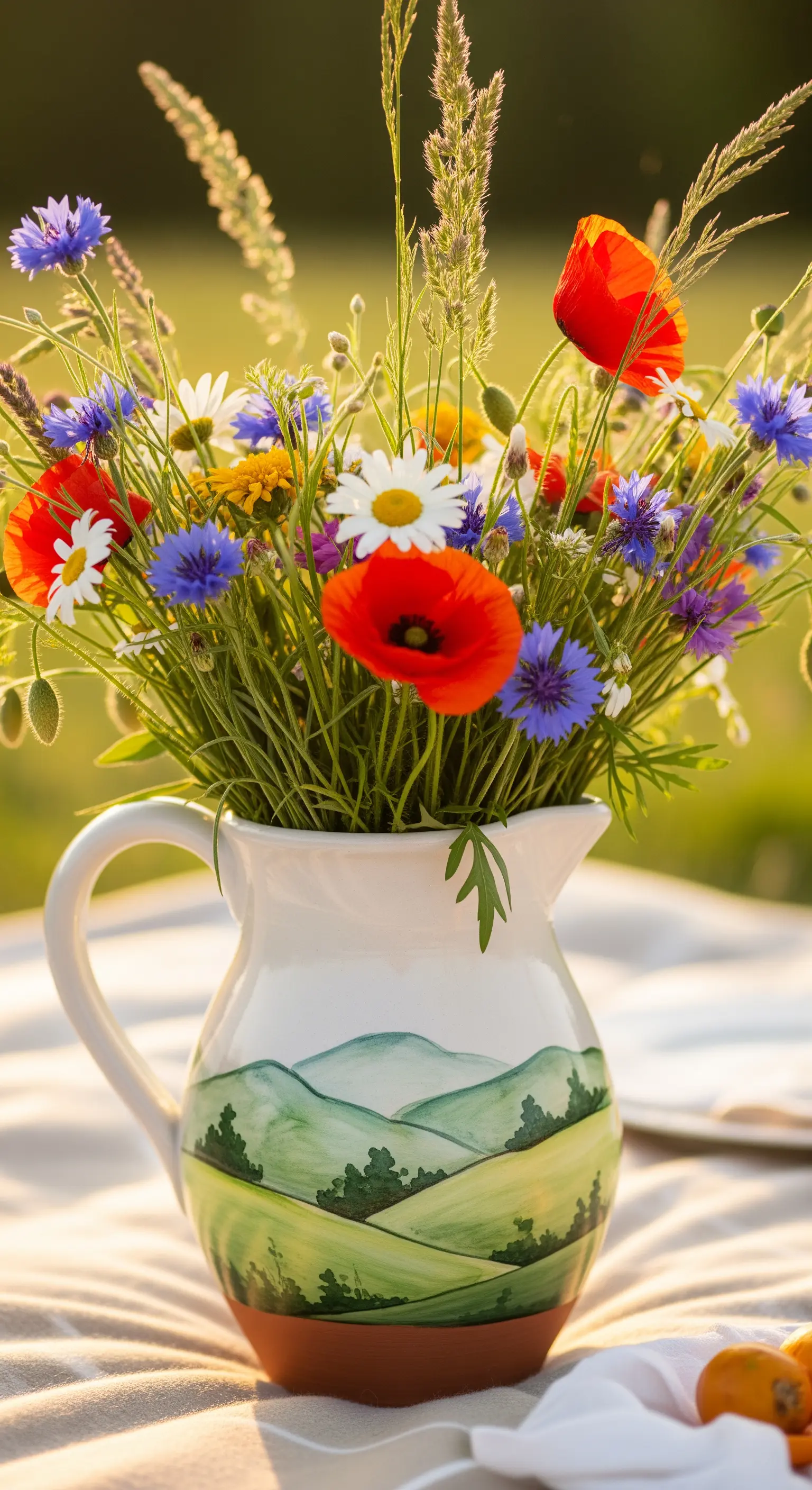 Brocca in ceramica dipinta a mano con un paesaggio collinare, piena di fiori di campo.
