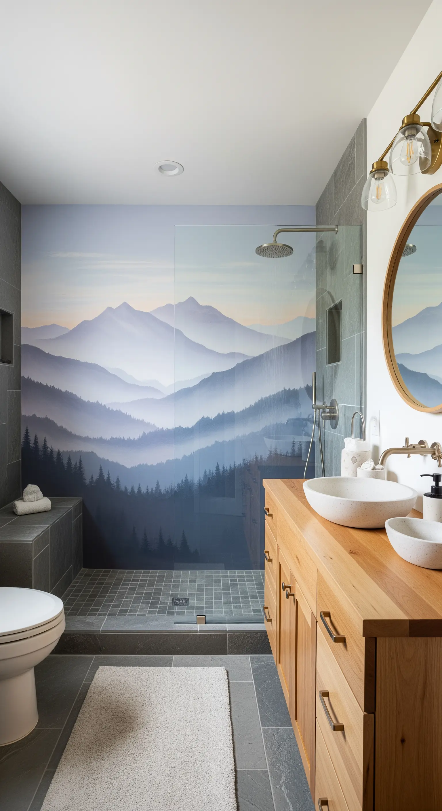 Bagno moderno con murale di un paesaggio montano nebbioso, mobile in legno e lavabi a ciotola.