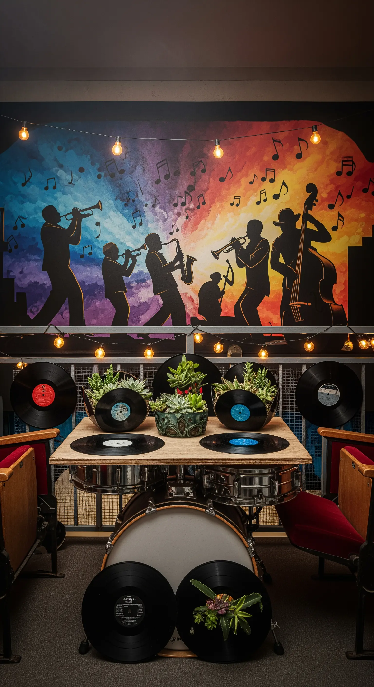 Balcone a tema jazz con murale di musicisti, un tavolo fatto con una batteria e sedie da teatro.