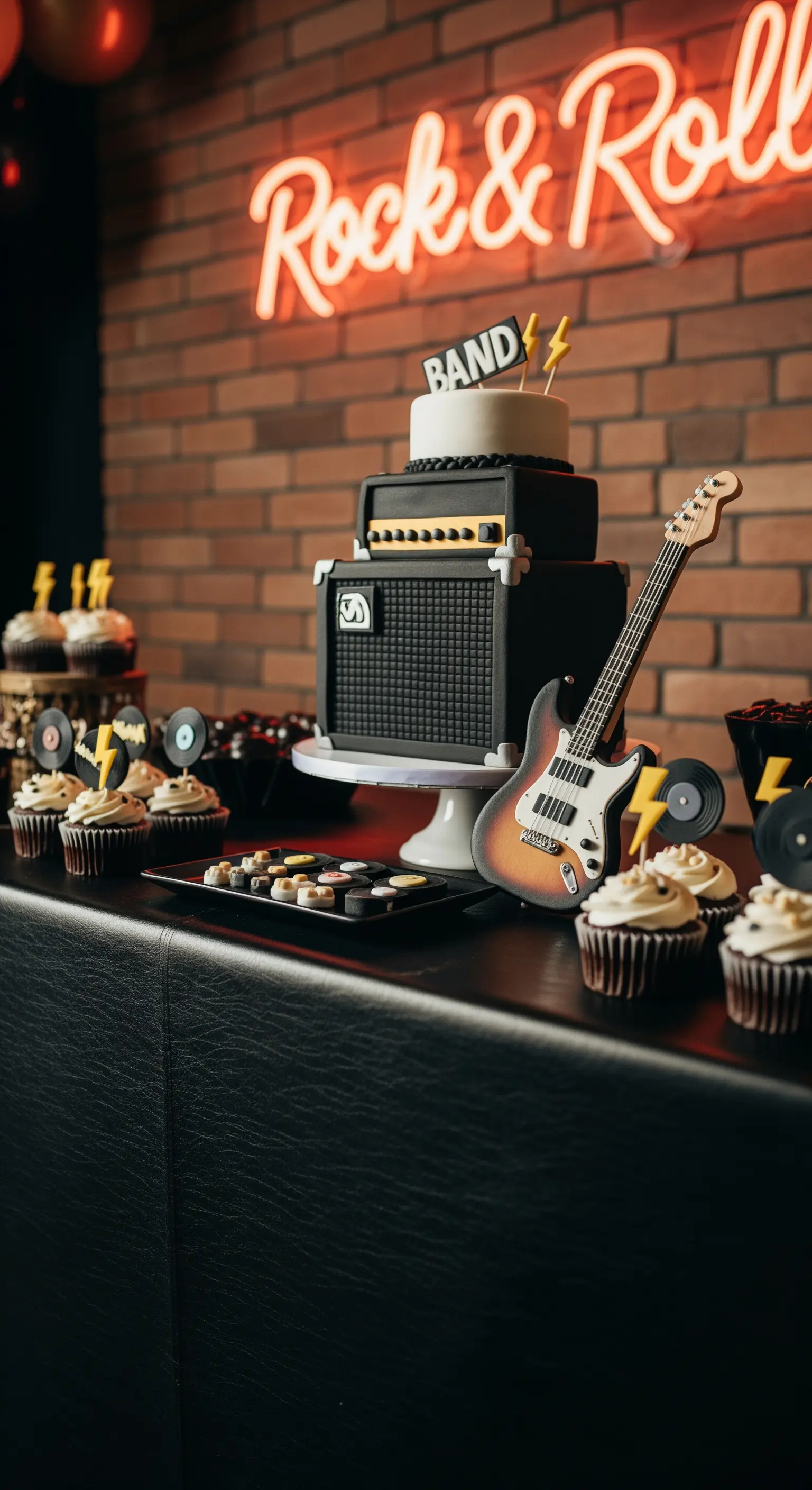 Torta a forma di amplificatore e chitarra, su un tavolo nero con sfondo di mattoni e neon rosso