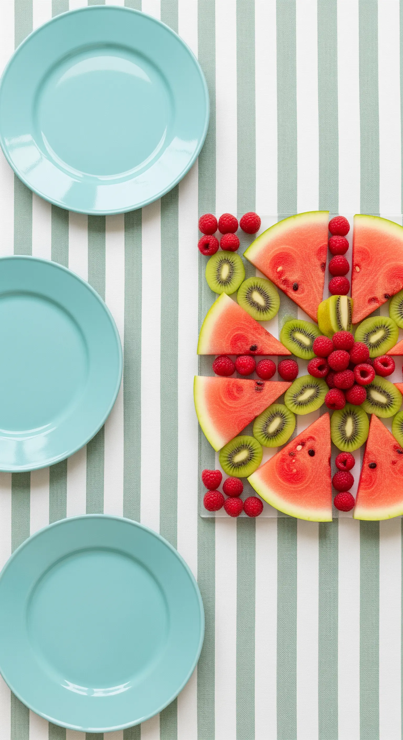 Composizione di frutta con anguria e kiwi su una tovaglia a righe verdi e bianche.