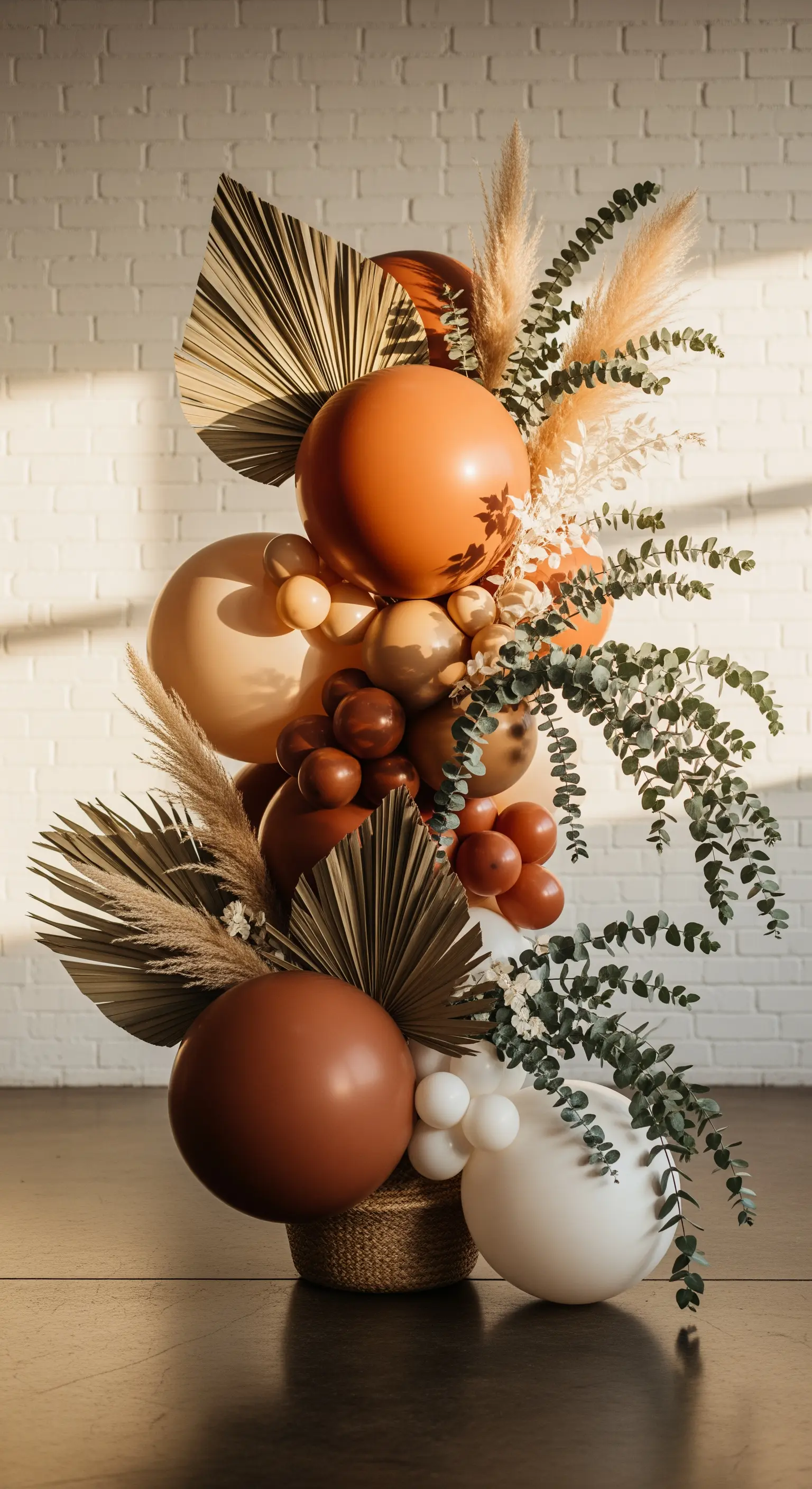 Bouquet bohémien con palloncini color terracotta e foglie di palma essiccate.