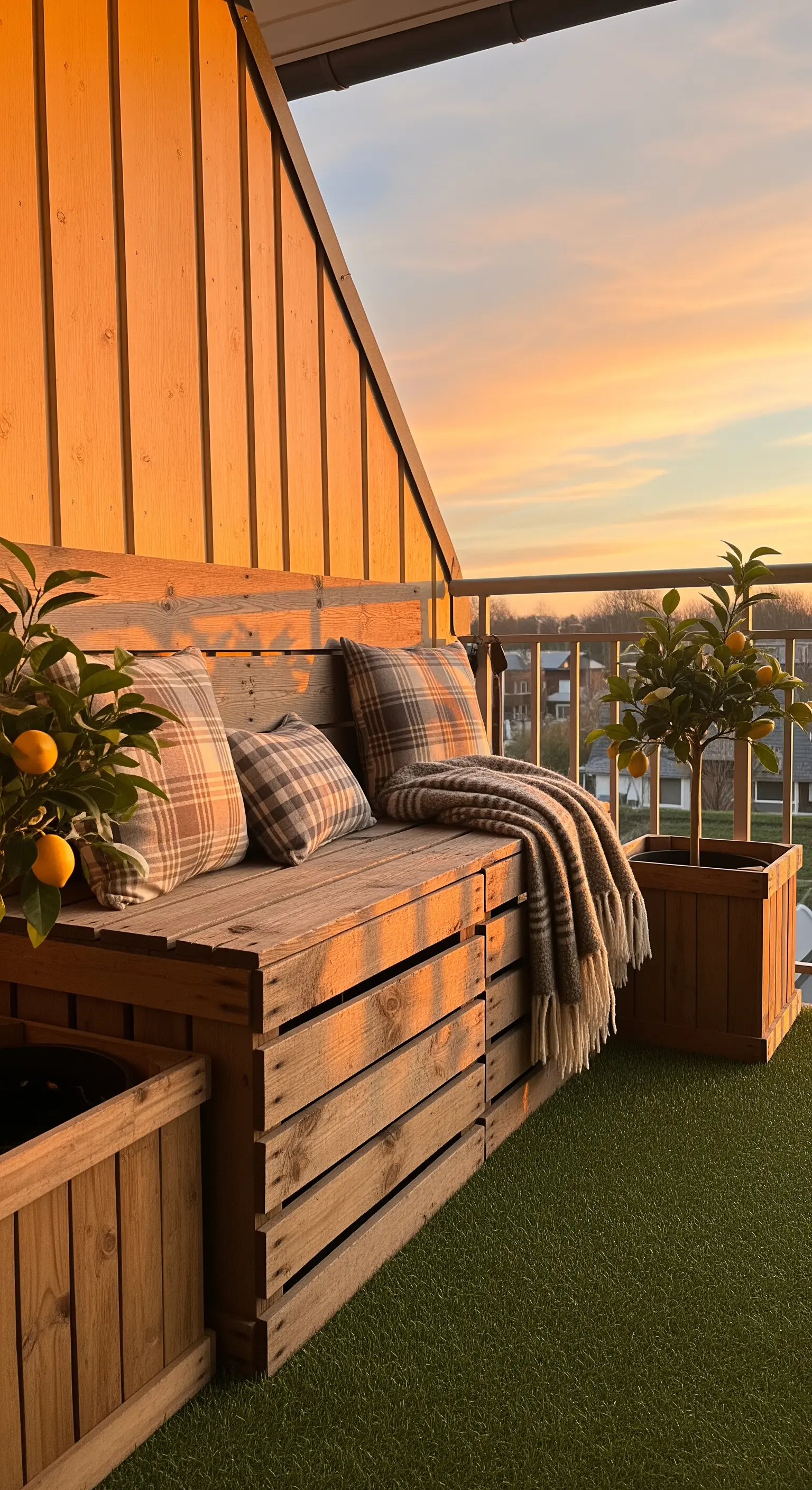 Panca fai-da-te realizzata con cassette di legno su un balcone al tramonto, con cuscini e plaid.