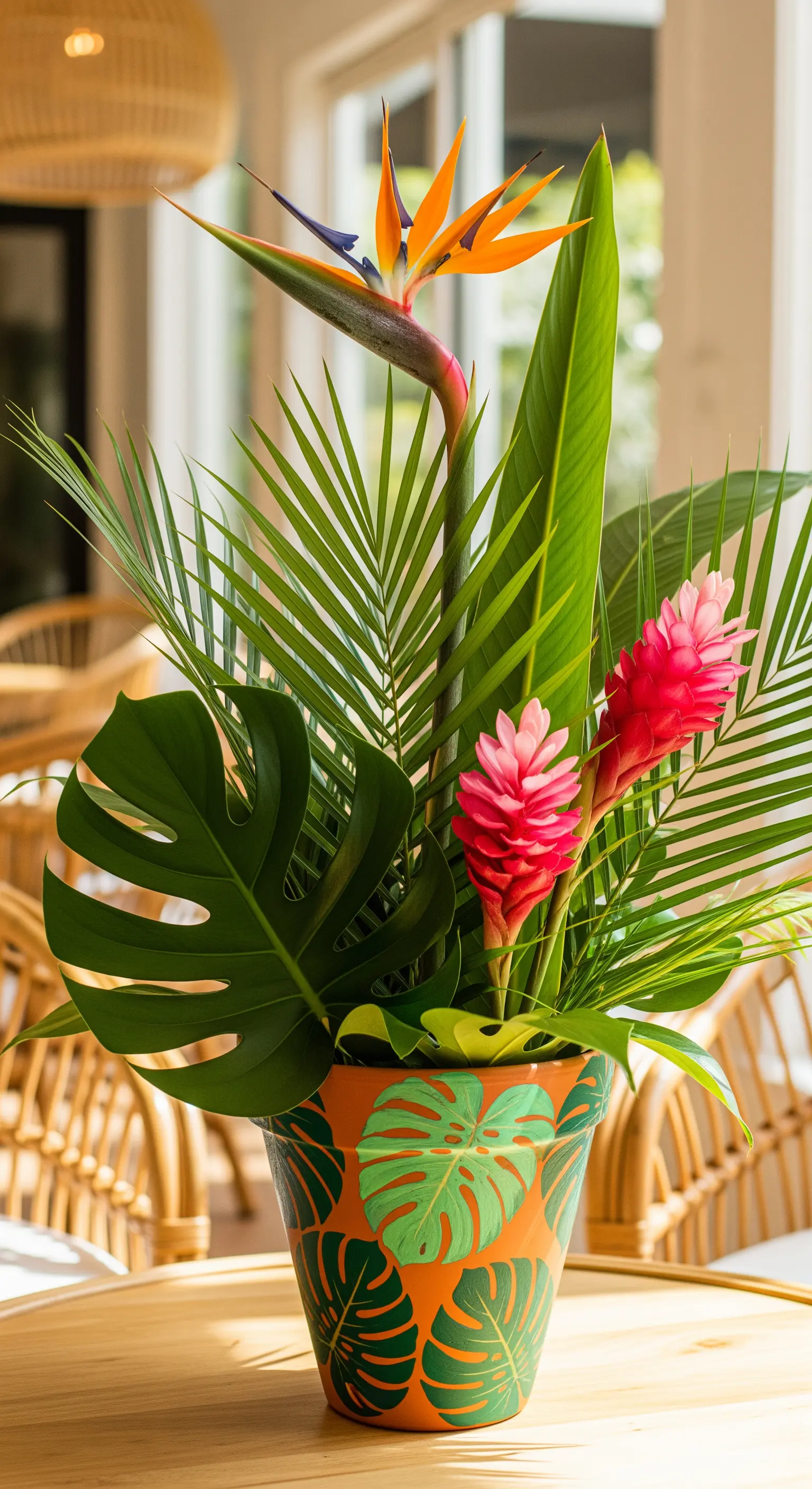 Vaso arancione dipinto con foglie di monstera, contenente fiori esotici come la sterlizia.