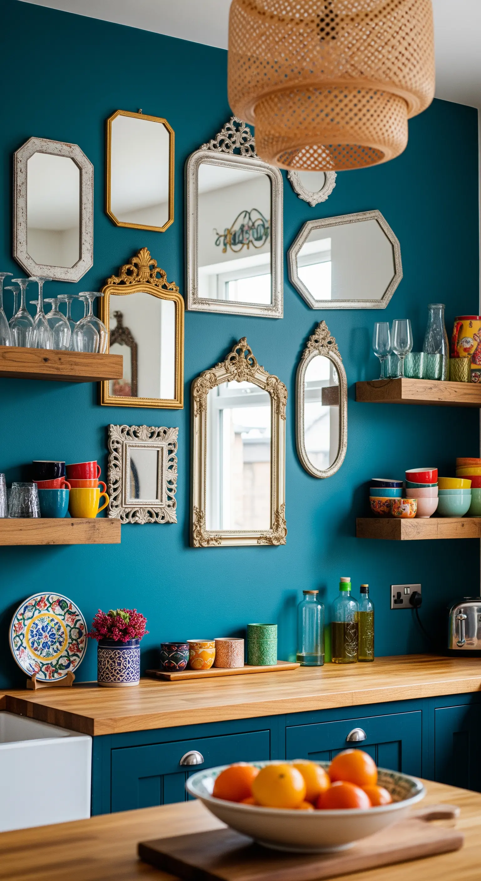 Parete blu petrolio con una collezione di specchi vintage di varie forme e dimensioni.