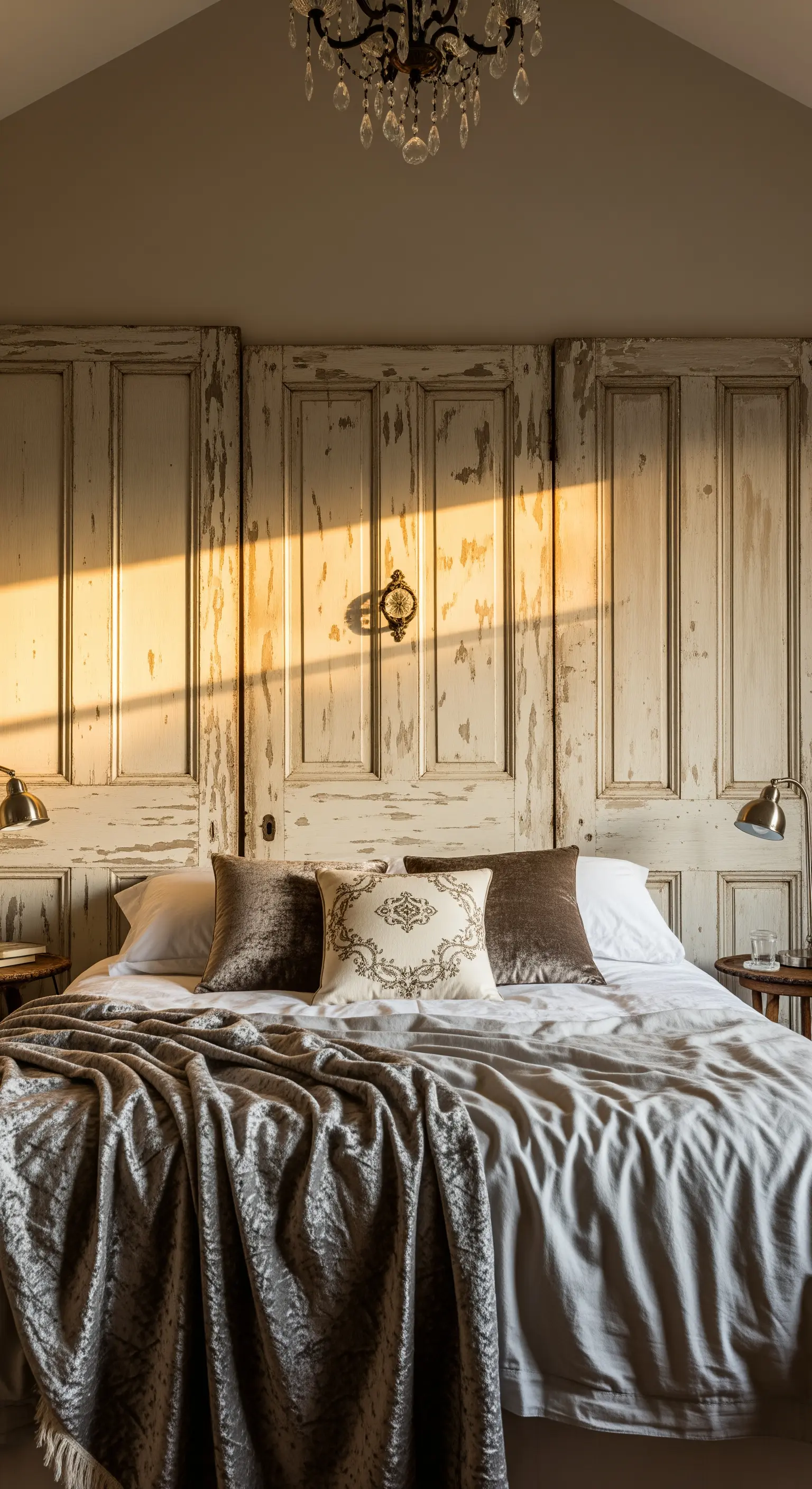 Intera parete dietro al letto rivestita con più porte bianche dall'effetto scrostato.