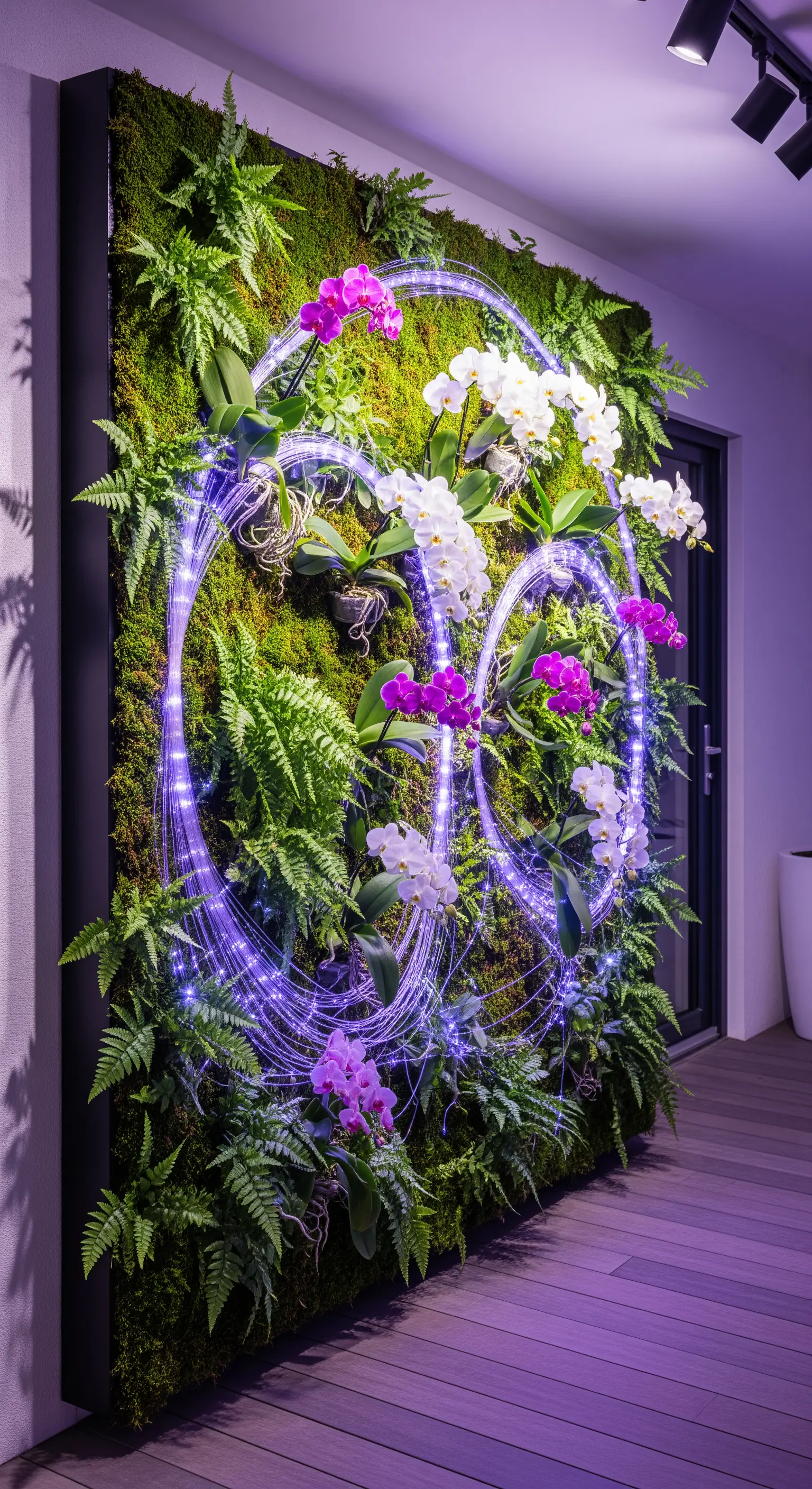 Parete vegetale verticale con orchidee e felci, decorata con cerchi di luce viola.