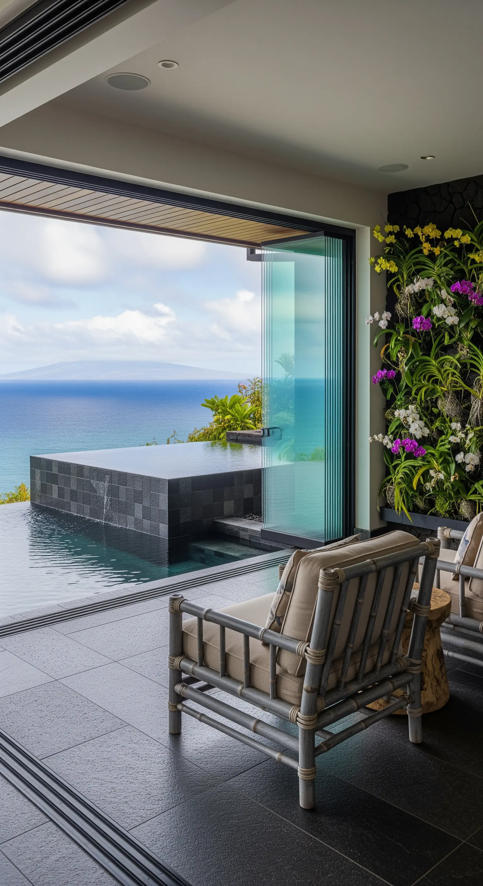 Terrazza con piscina a sfioro, parete verticale di orchidee e vista sull'oceano.