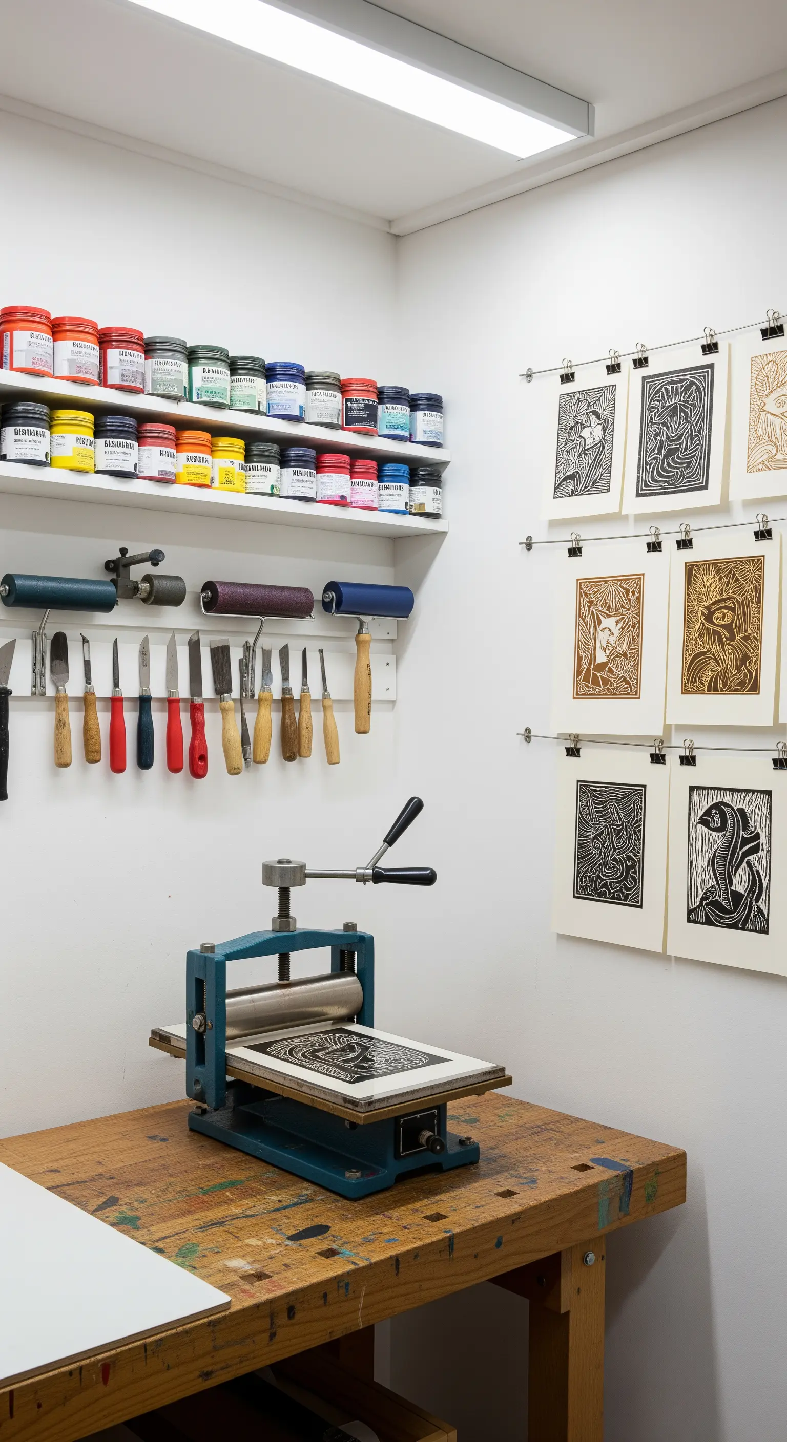 Laboratorio di incisione con pressa, attrezzi appesi al muro e stampe stese ad asciugare.