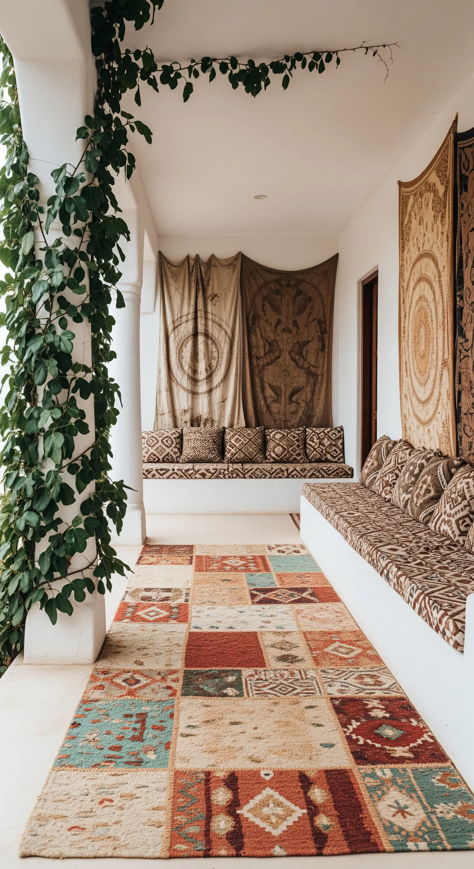 Lungo portico con panche in muratura, cuscini etnici, arazzi e un colorato tappeto patchwork.
