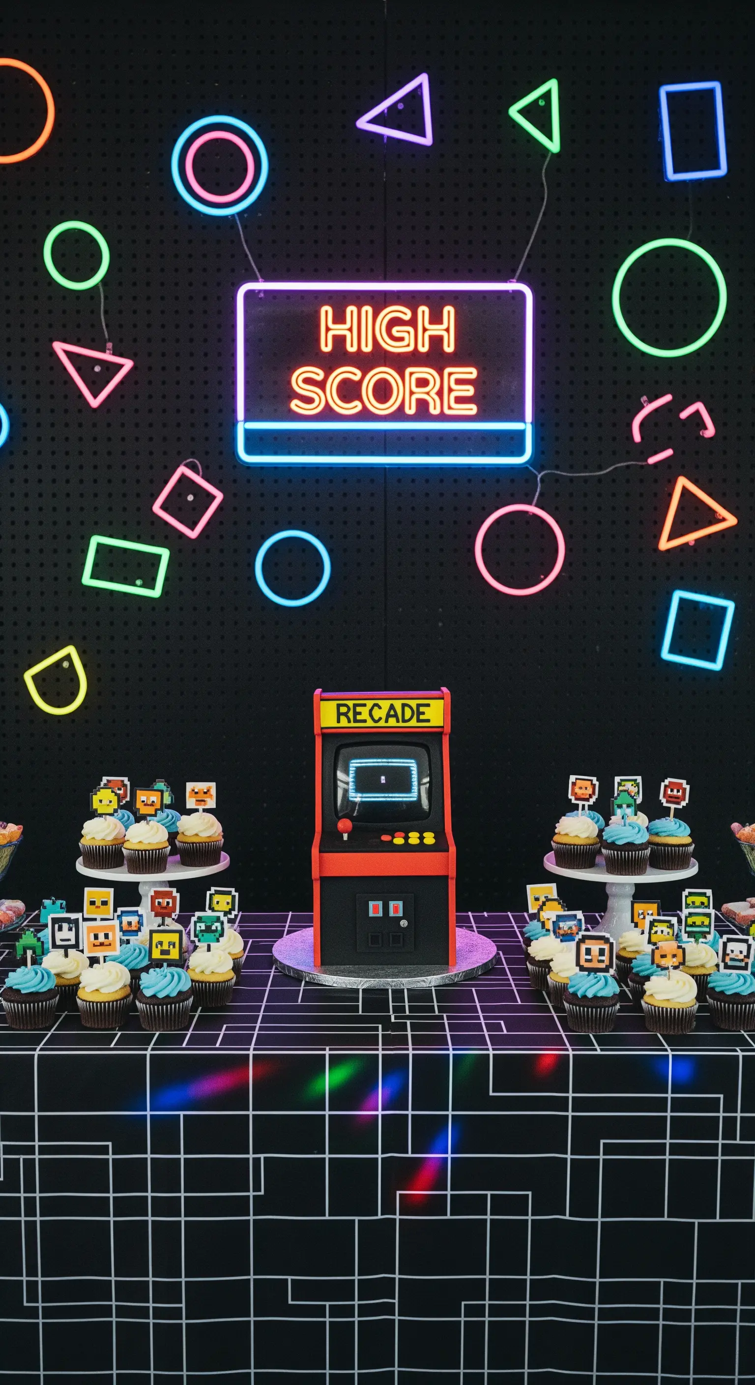 Sweet table a tema videogiochi anni '80 con torta arcade, sfondo nero e luci al neon colorate