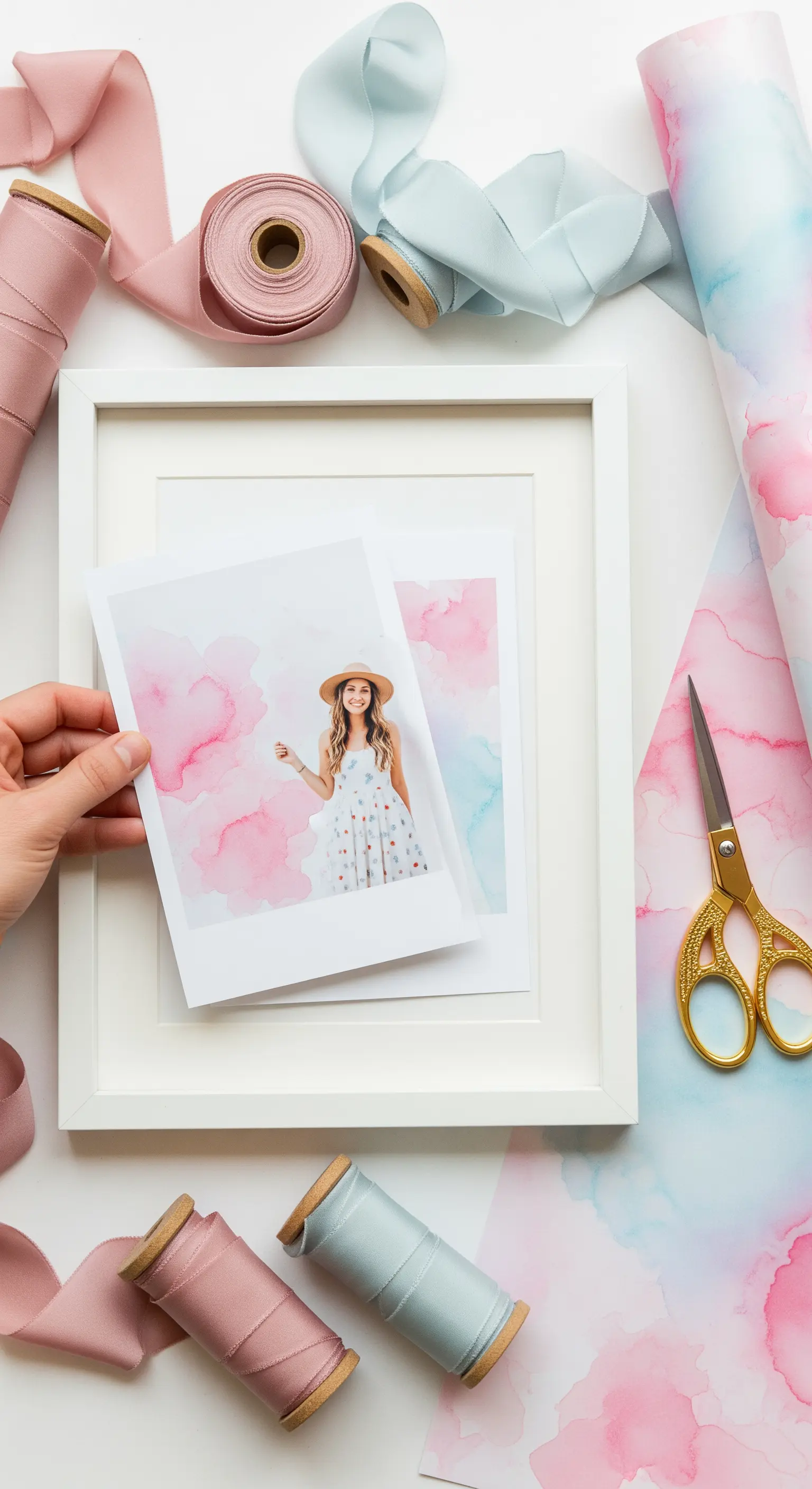 Composizione per un regalo con foto: cornice bianca, carta ad acquerello e nastri colorati.
