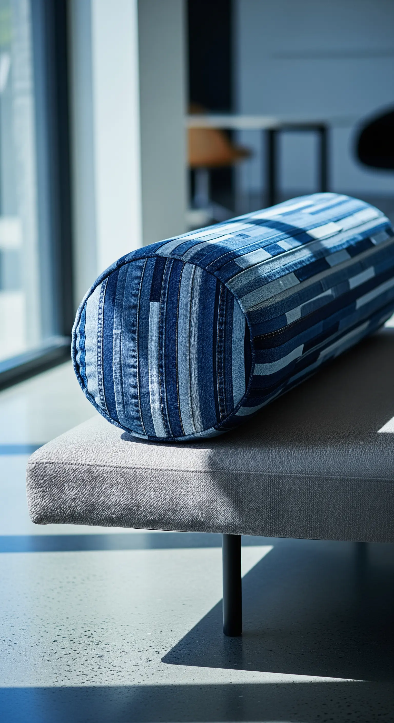 Cuscino cilindrico (bolster) realizzato con strisce verticali di jeans di varie tonalità.