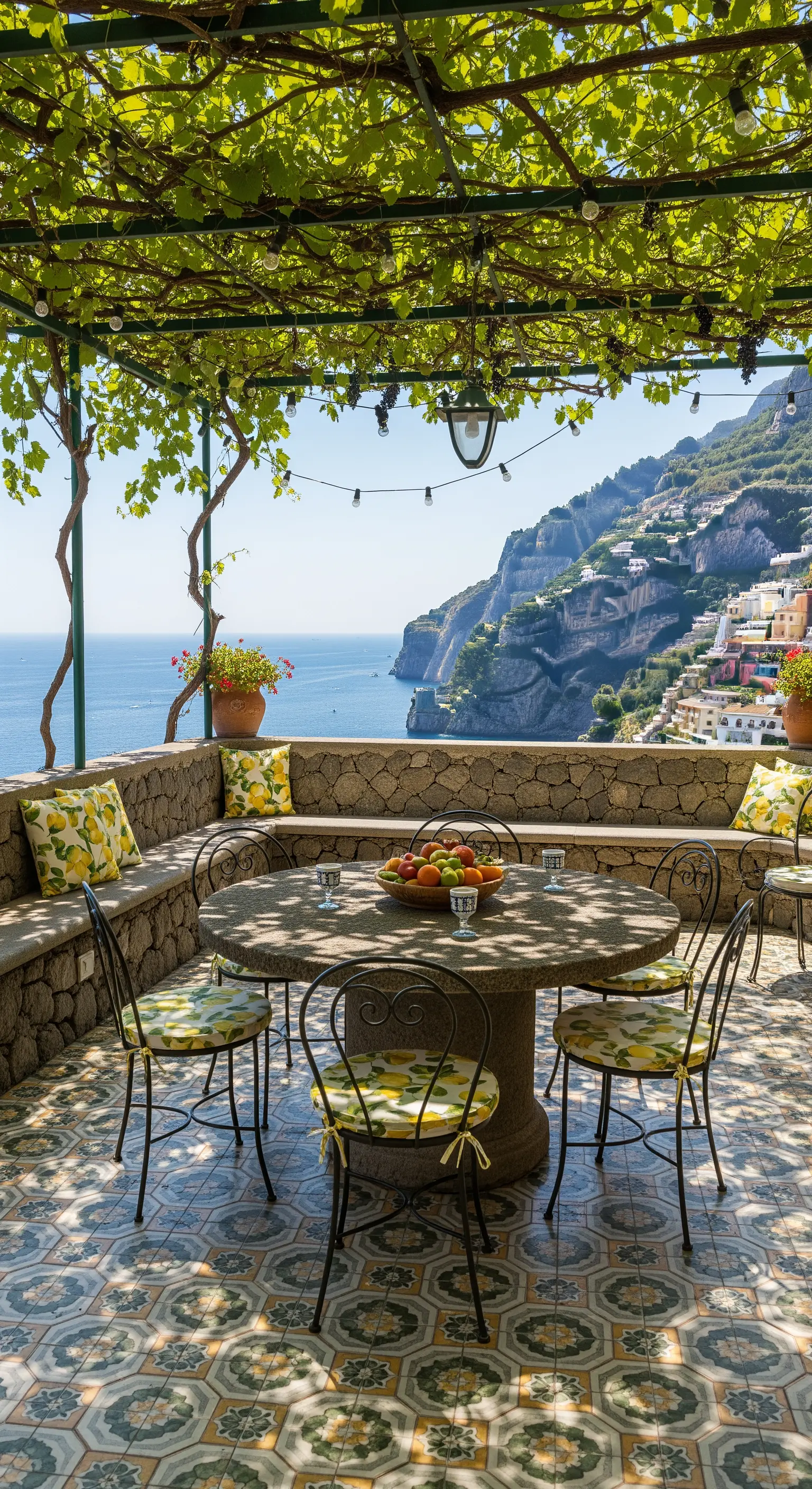 Terrazza con vista su Positano, tavolo in pietra e cuscini a tema limoni