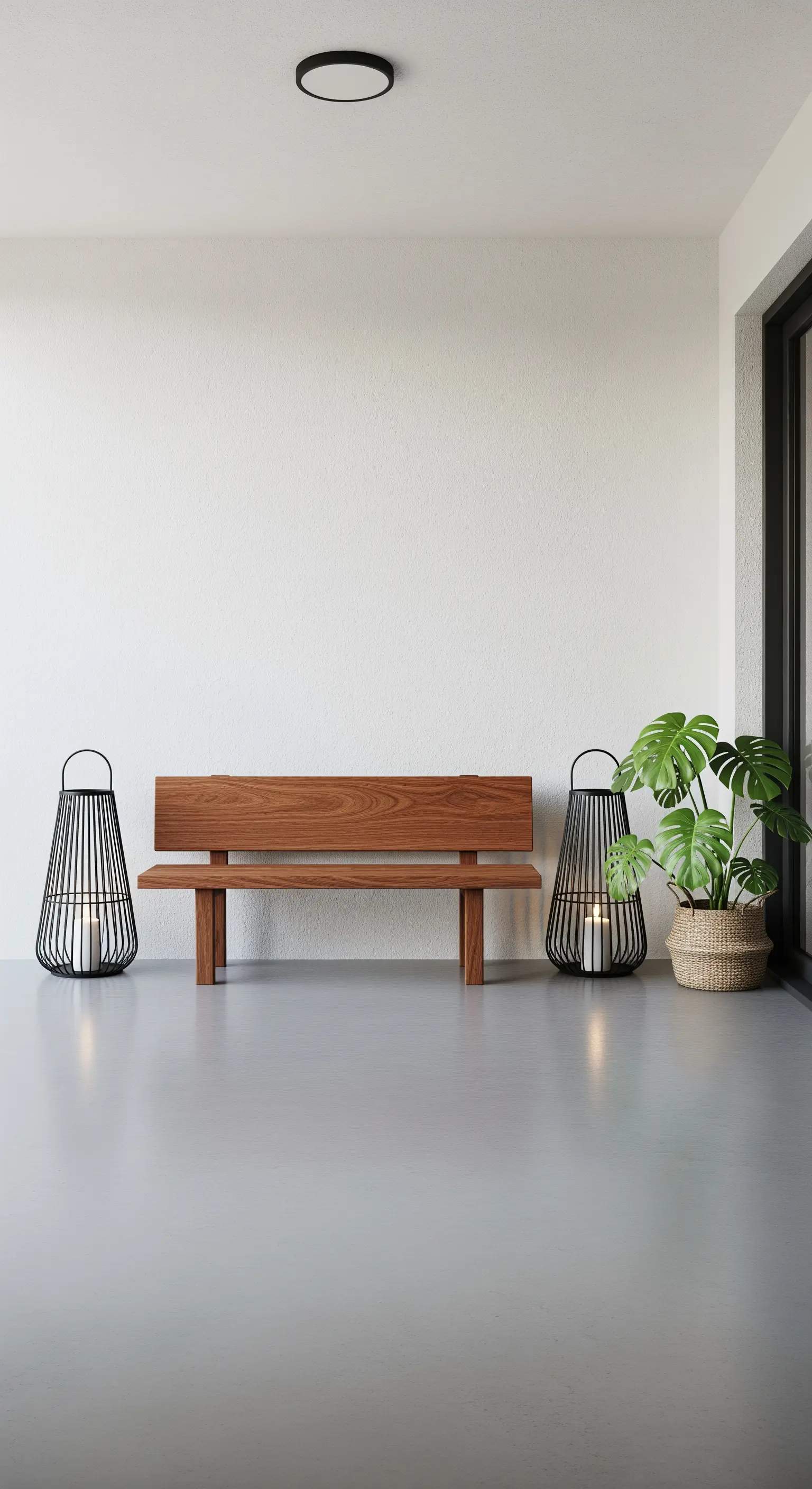 Balcone minimalista con panca in legno, due lanterne moderne e una pianta in un cesto.