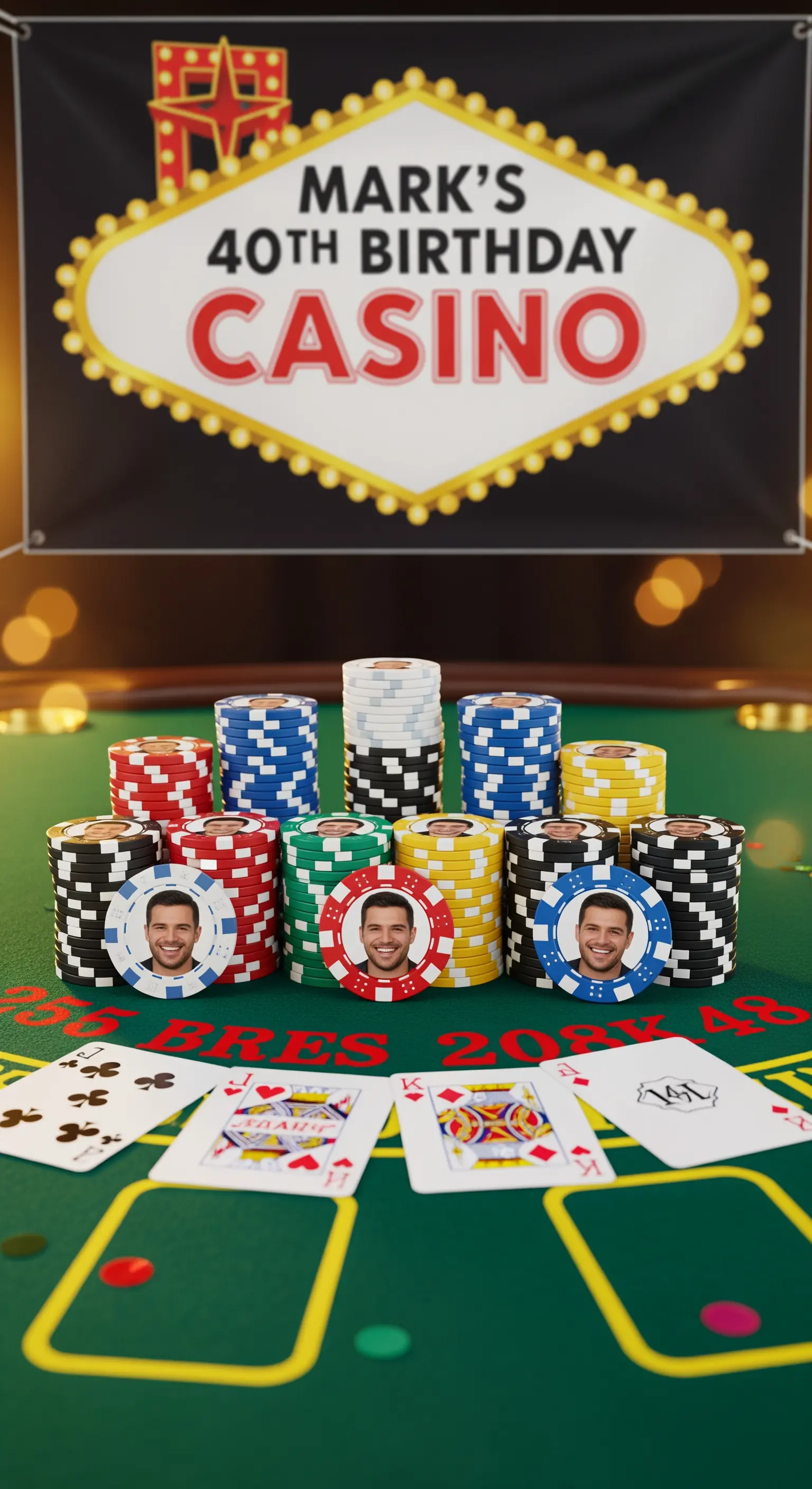 Fiches da poker personalizzate con il volto di un uomo, disposte su un tavolo da gioco.