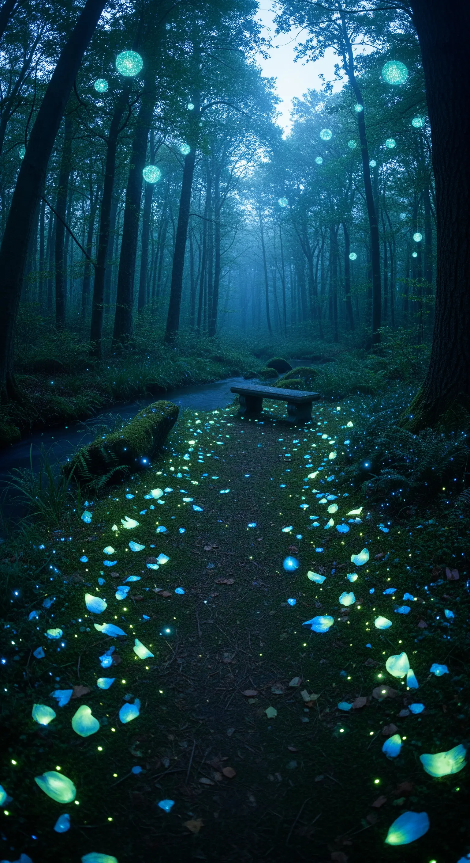 Sentiero notturno in un bosco, illuminato da petali e sfere di luce blu e verdi.