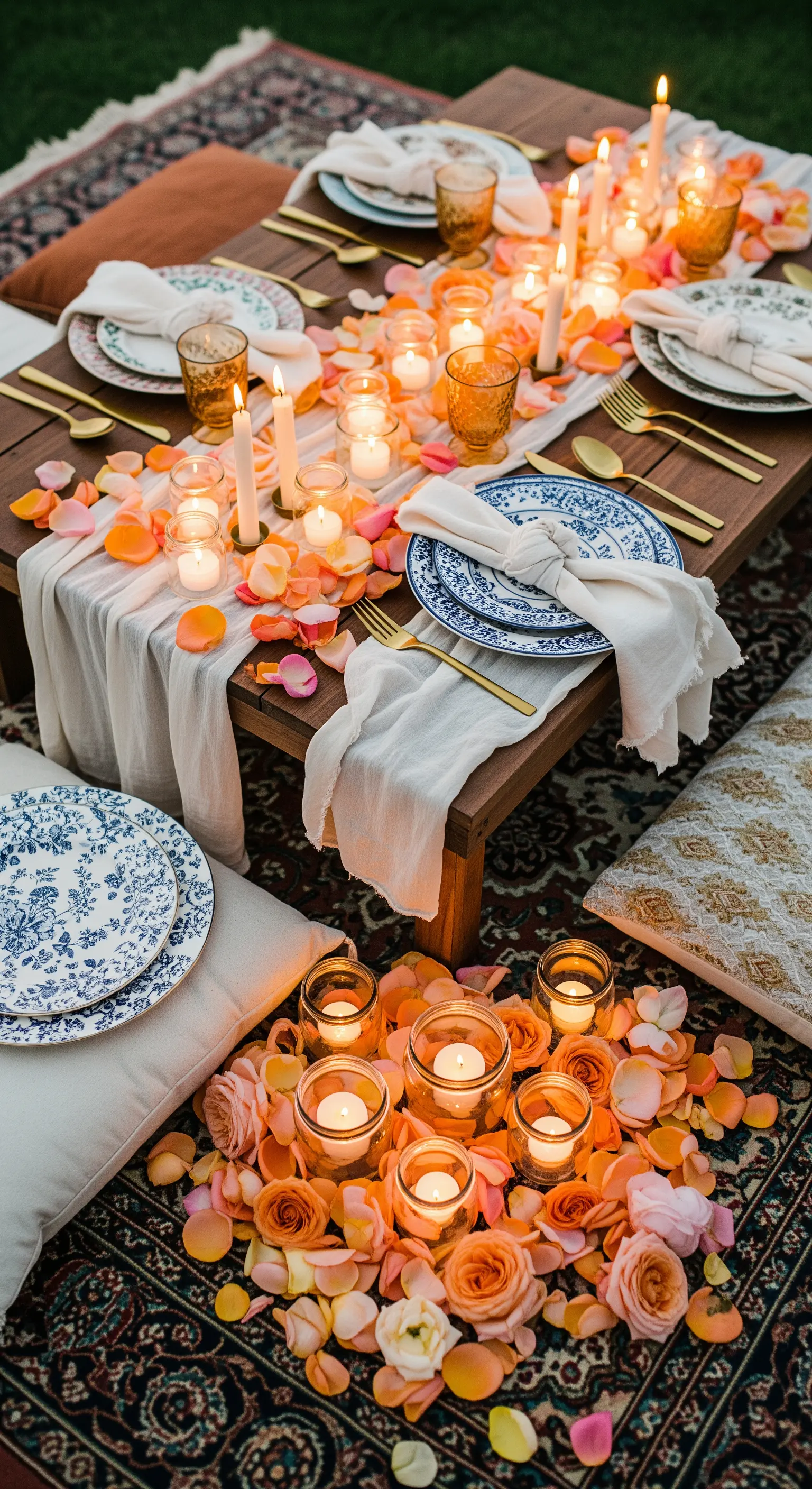 Picnic romantico a terra con tappeti, cuscini, un tavolo basso e tante candele