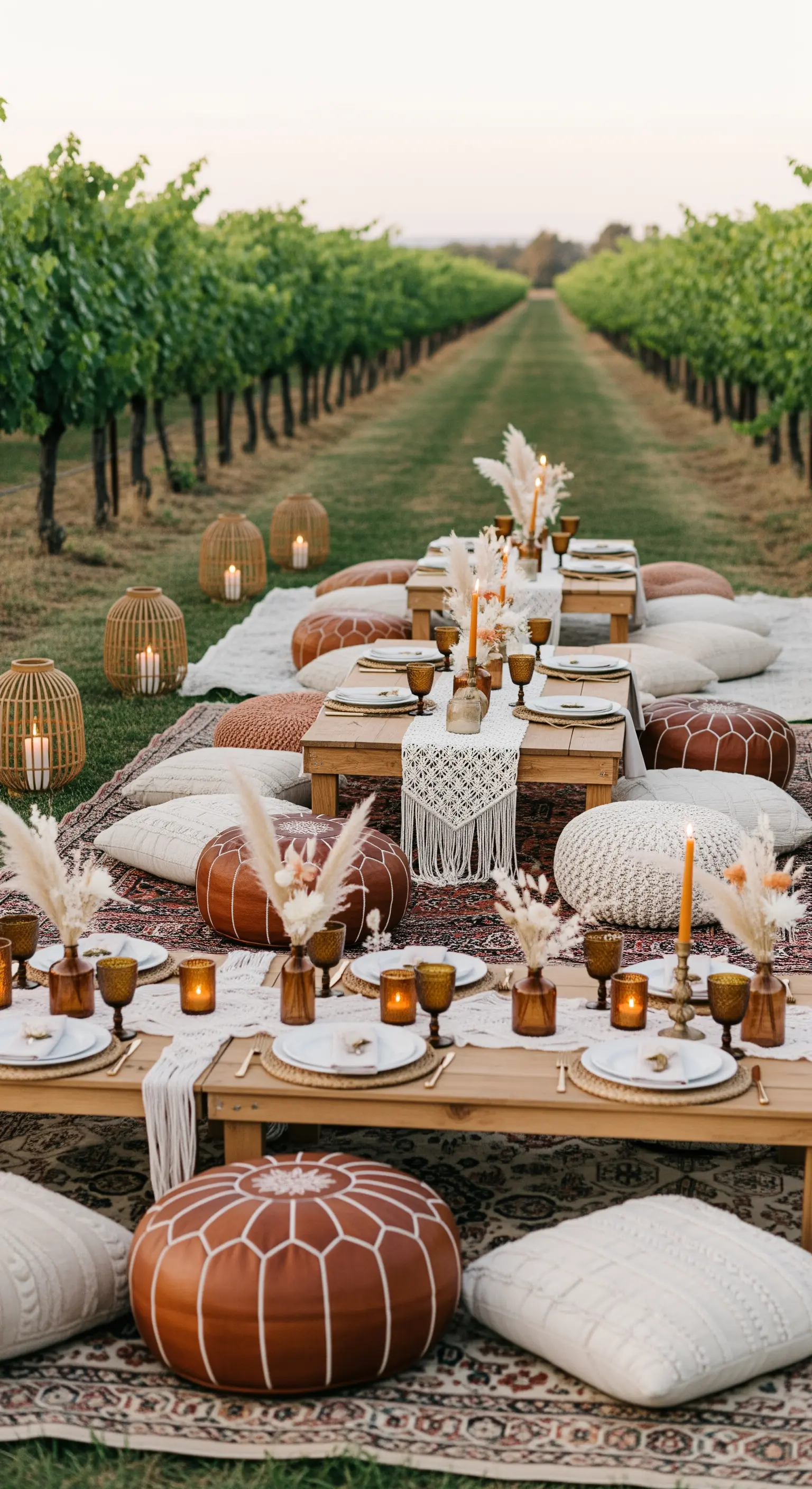 Allestimento per un picnic bohémien in un vigneto con tappeti, cuscini e tavoli bassi.