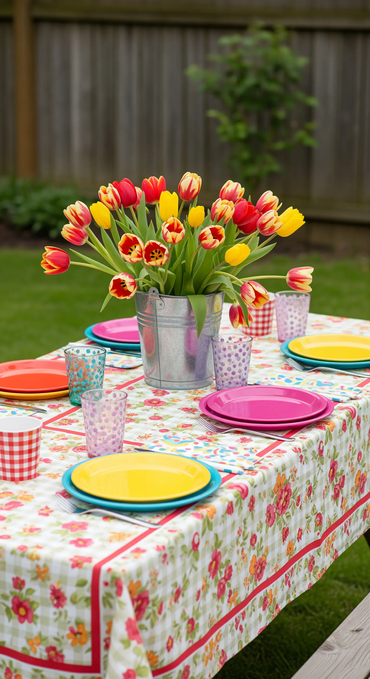 Tavolo da picnic con tovaglia a quadretti e fiori, piatti colorati e tulipani in un secchio di latta.