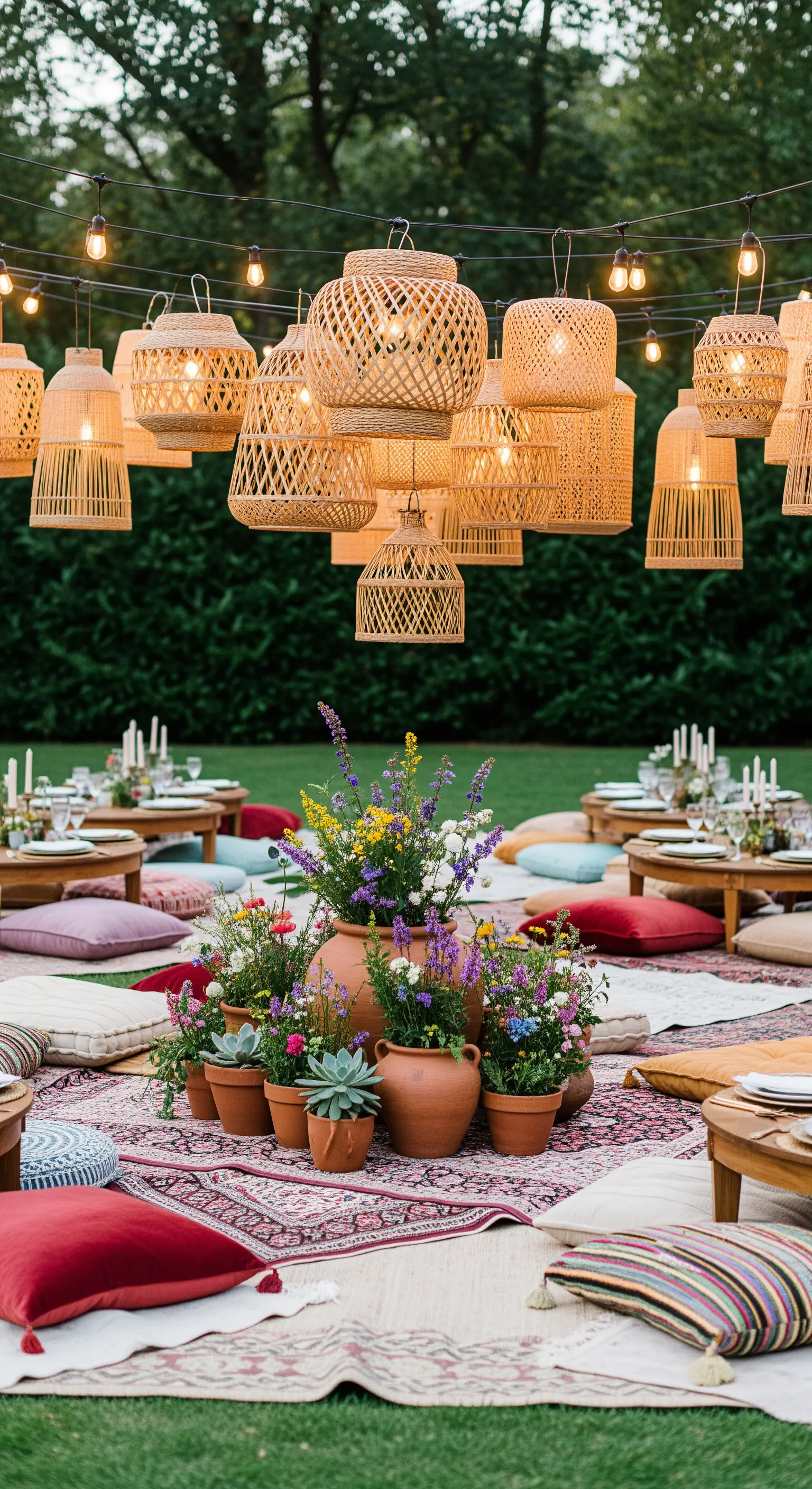 Allestimento picnic boho-chic con cuscini, tappeti e un gruppo di lanterne in rattan sospese.