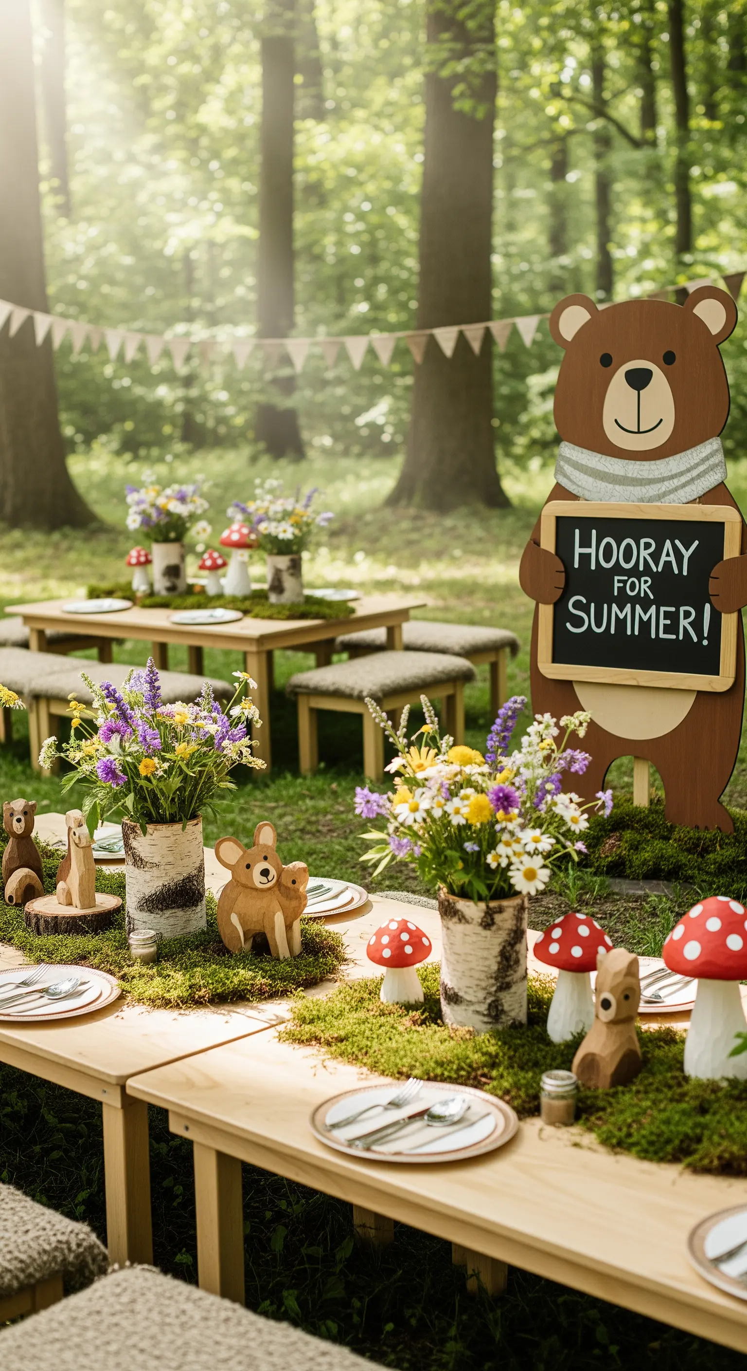 Festa per bambini a tema bosco con animaletti di legno, muschio e fiori di campo.