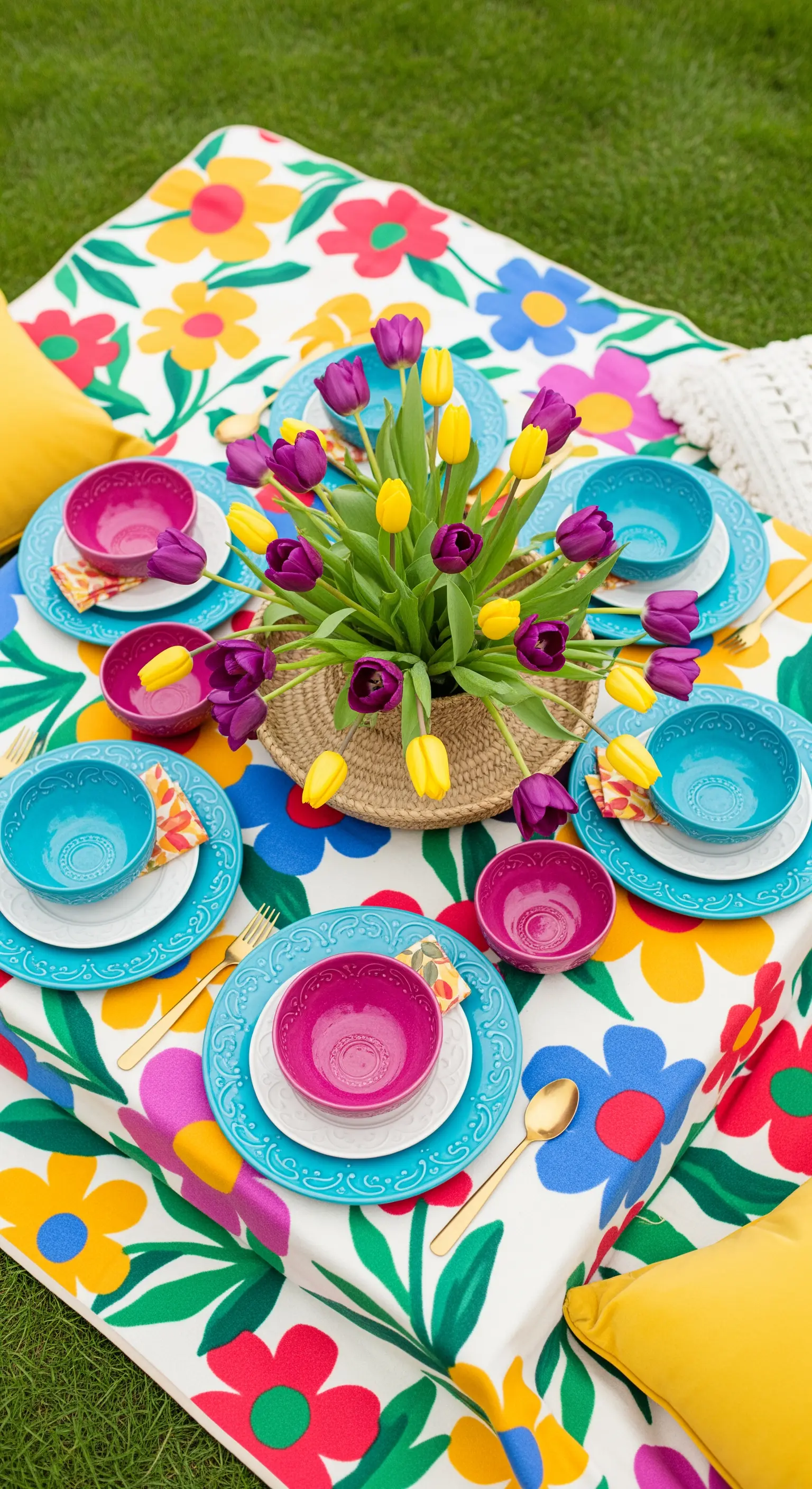 Picnic colorato con tovaglia a fiori pop e stoviglie turchesi, fucsia e gialle.