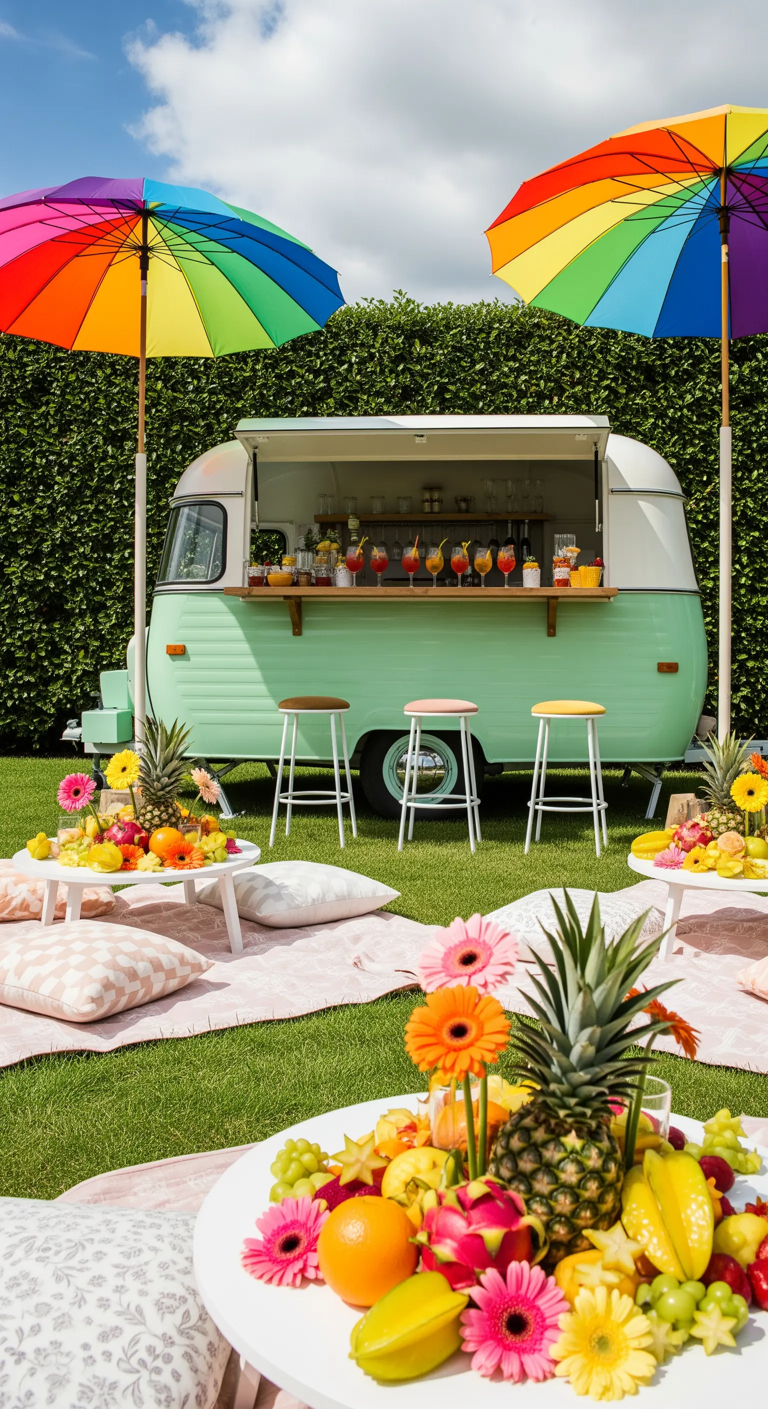 Festa in giardino con food truck vintage verde acqua e ombrelloni arcobaleno
