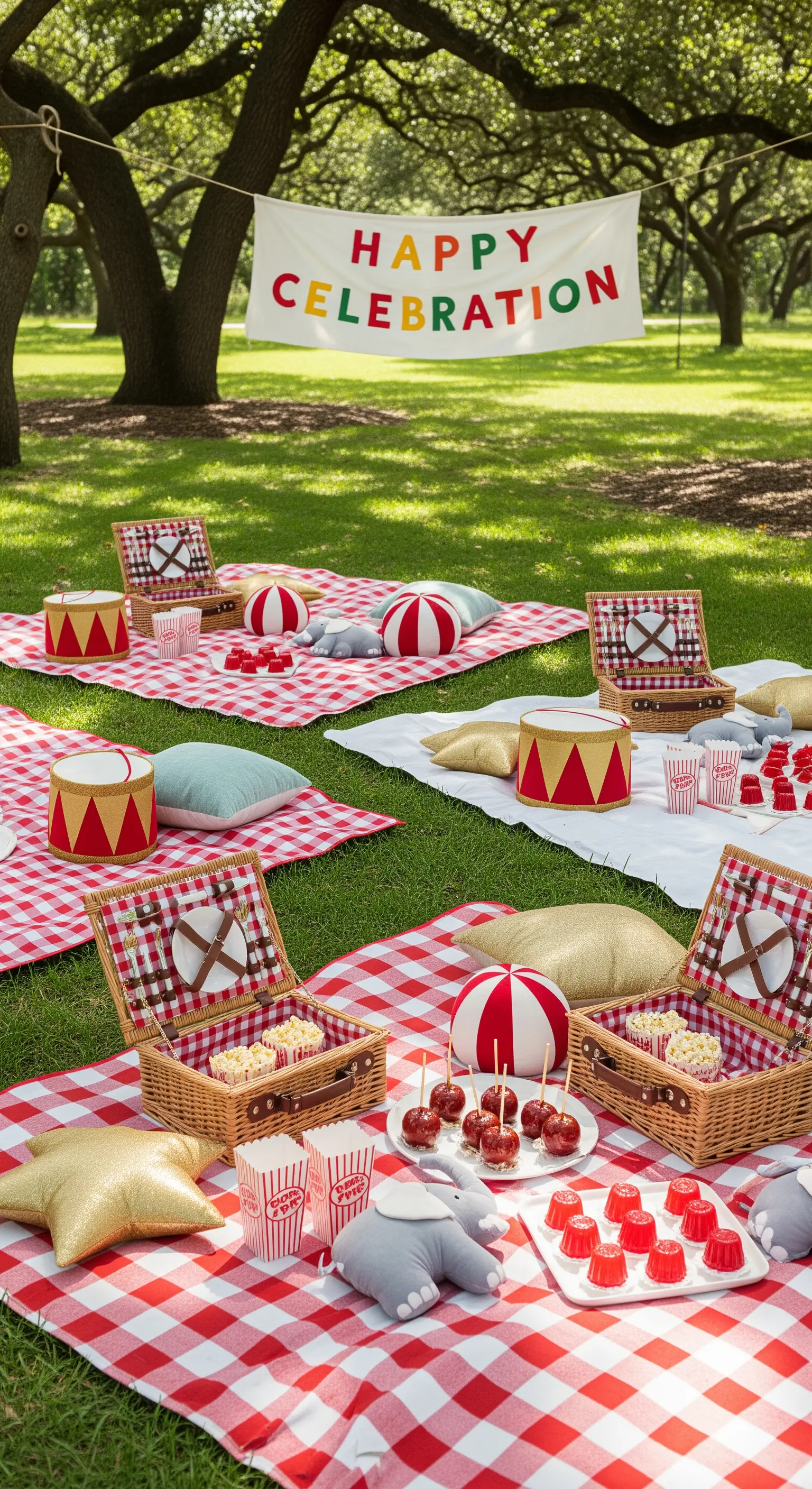 Picnic in un parco a tema circo con tovaglie a quadretti, cestini e mele caramellate.