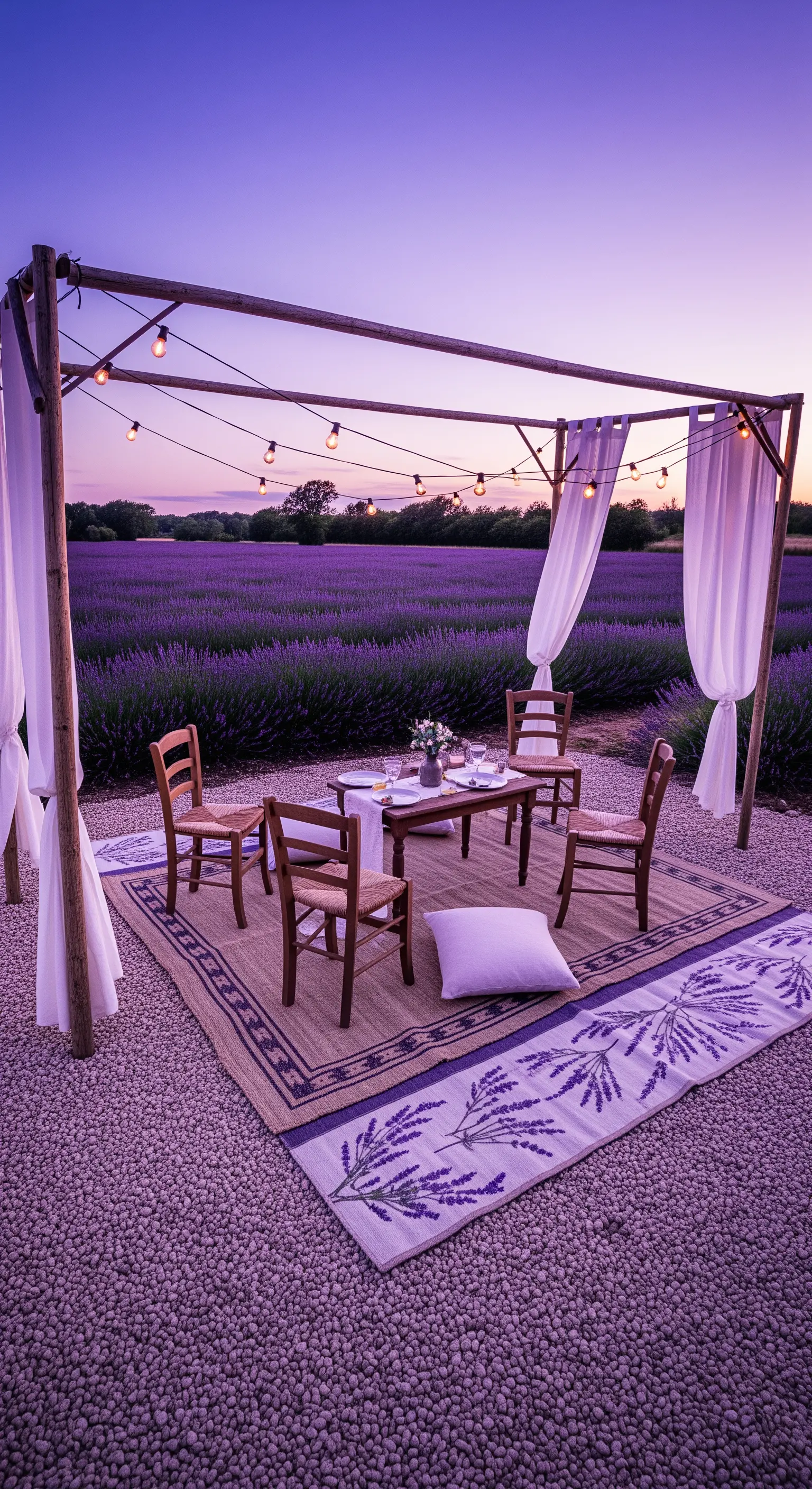 Allestimento per cena in un campo di lavanda con pergola in legno, tende e tappeto.