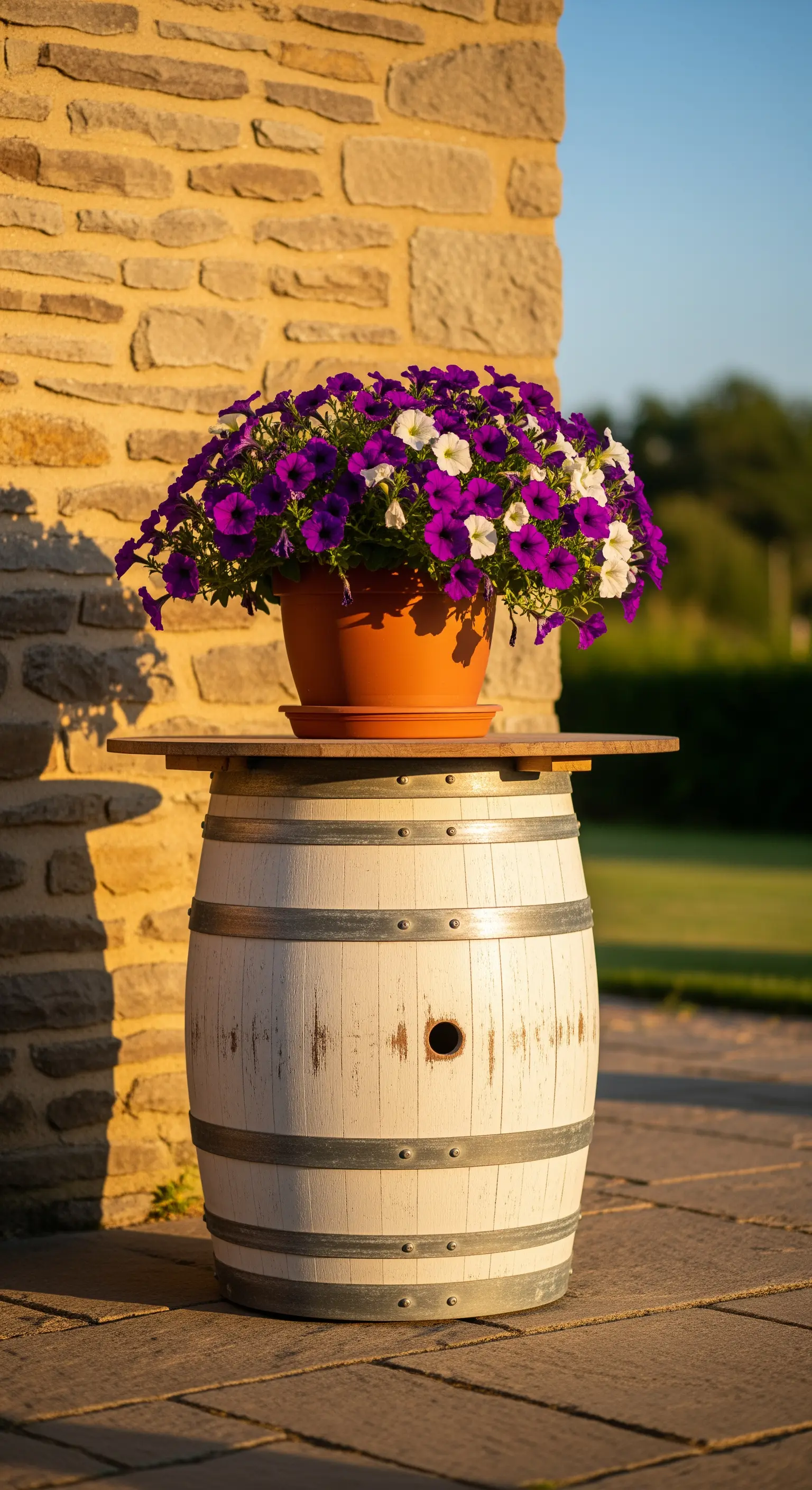 Botte di vino dipinta di bianco con finitura anticata, usata come supporto per un vaso.